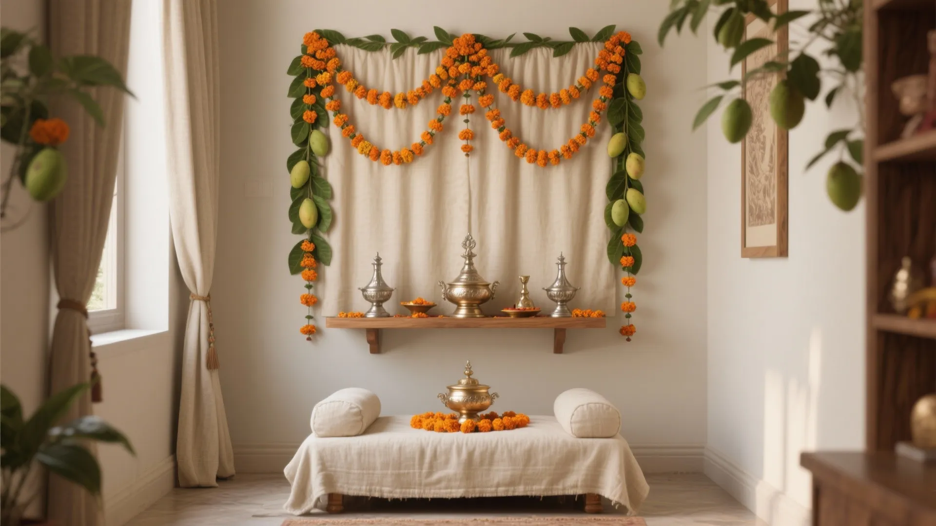 Marigold, Mango Leaves, and a Calm Neutral Backdrop