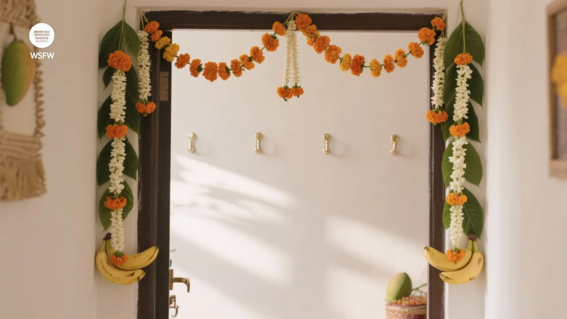 Garlands and flowers: marigold, jasmine, mango leaves