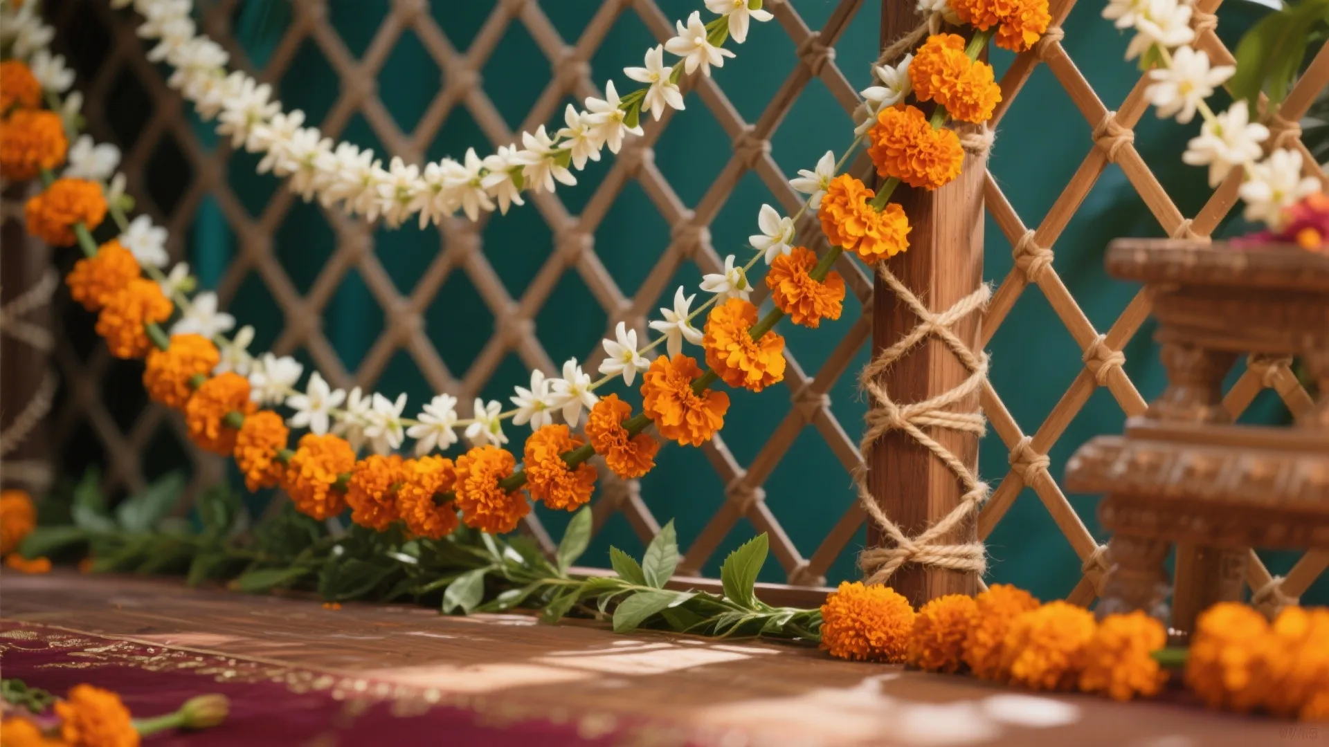 Fresh florals with marigold grids and jasmine trails