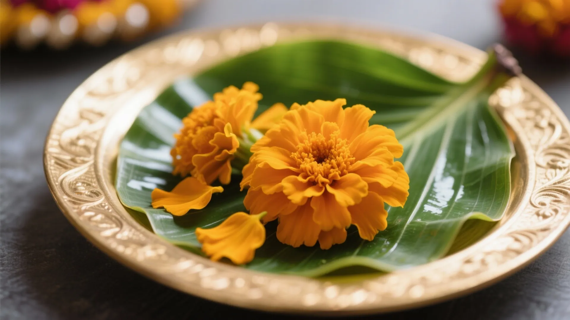 Marigold Garlands and Banana Leaves