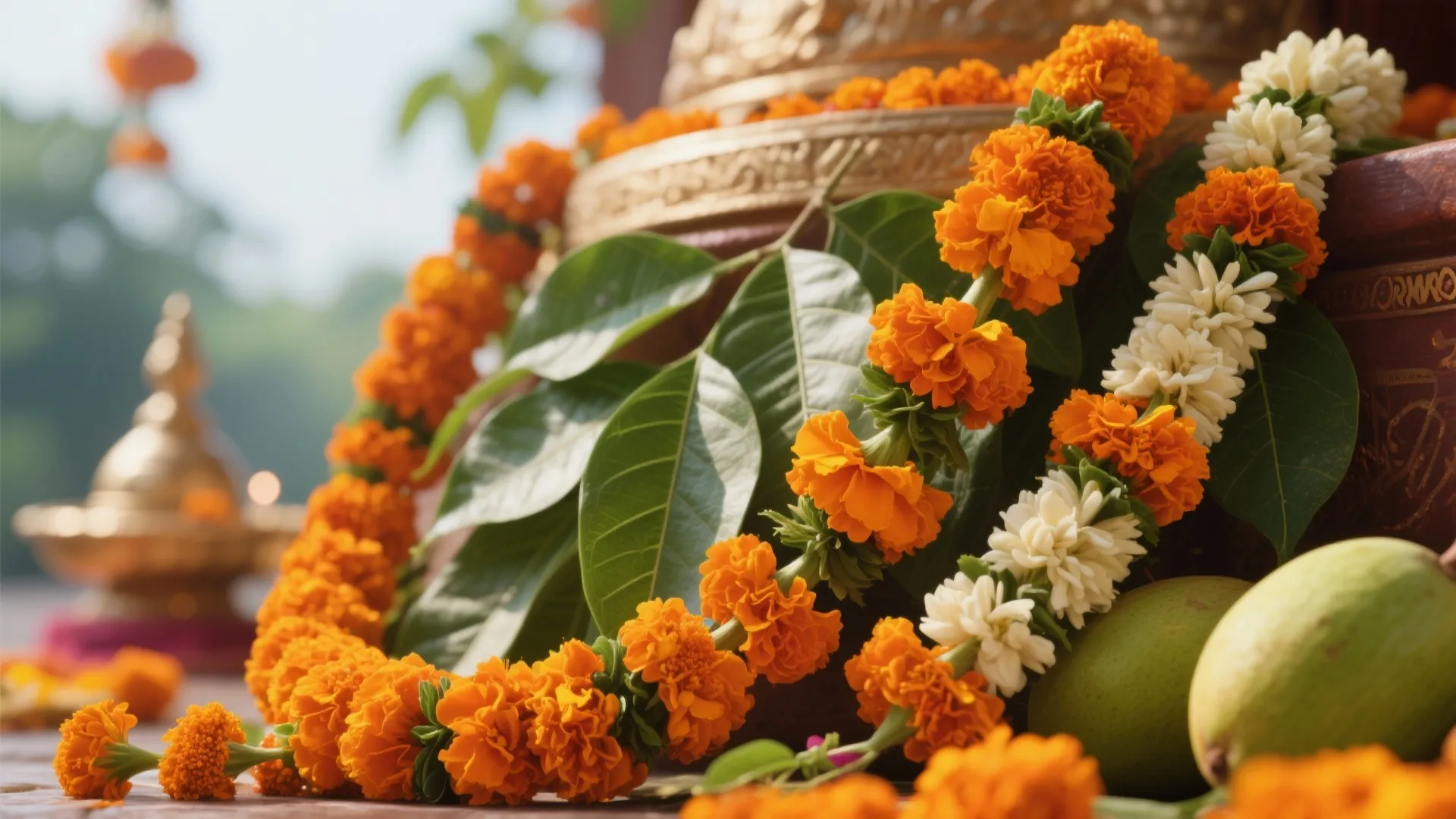 Seasonal Florals, Torans, and Rangoli Around the Pedestal