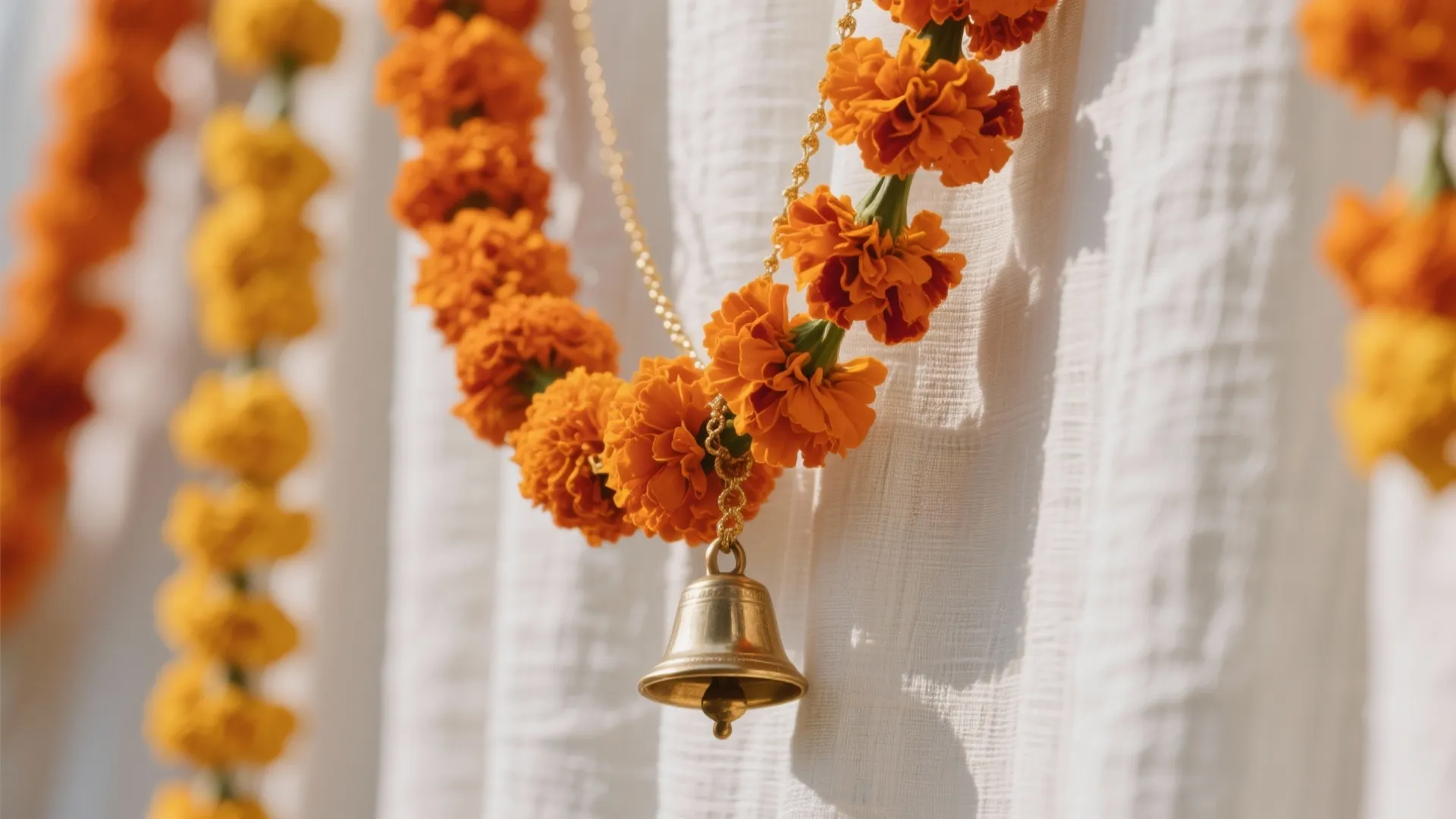 Marigold garlands with modern backdrops