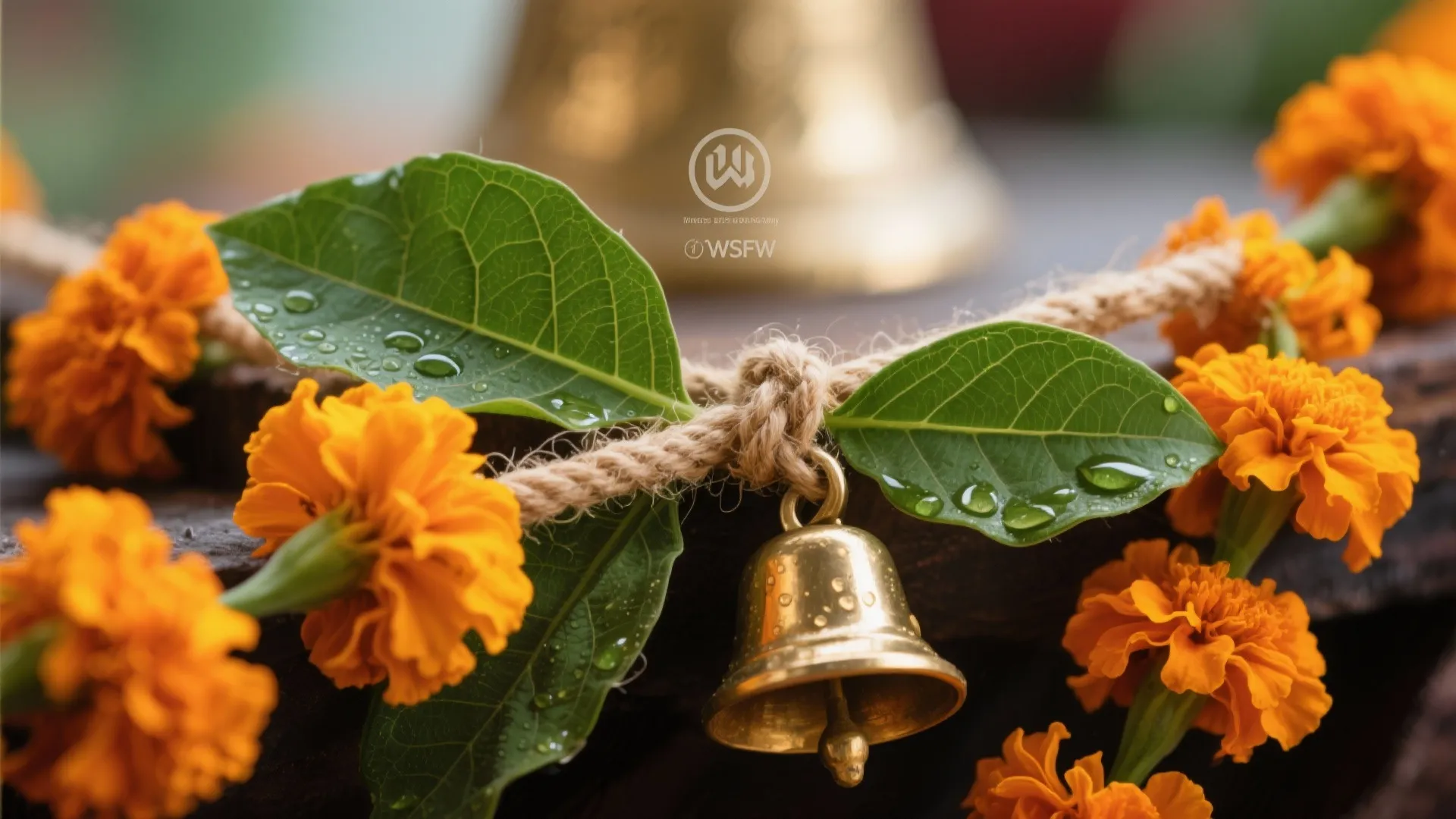 Close-up of orange flowers and green leaves with water drops and a small gold bell