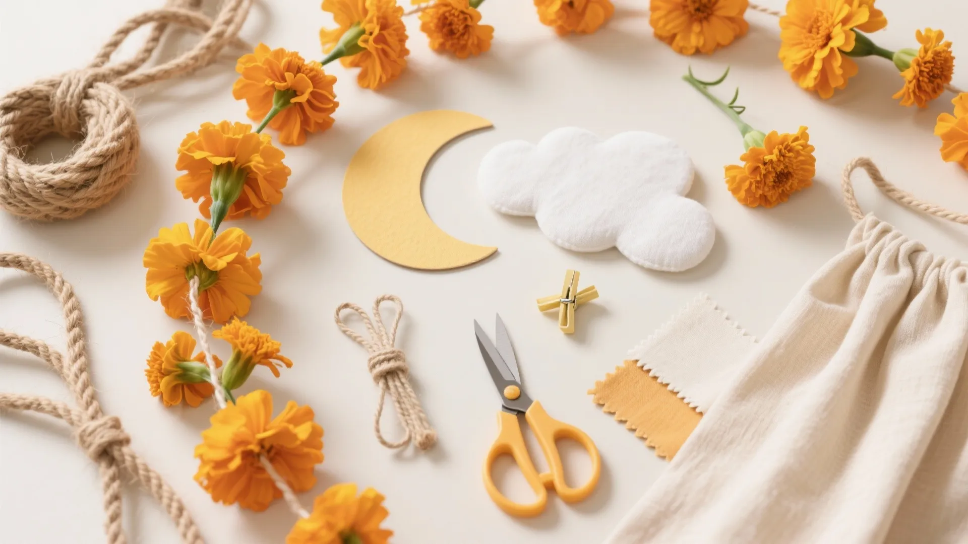 Flatlay of marigold strings, jute rope, cloud and moon cutouts, zip ties, and fabric swatches.