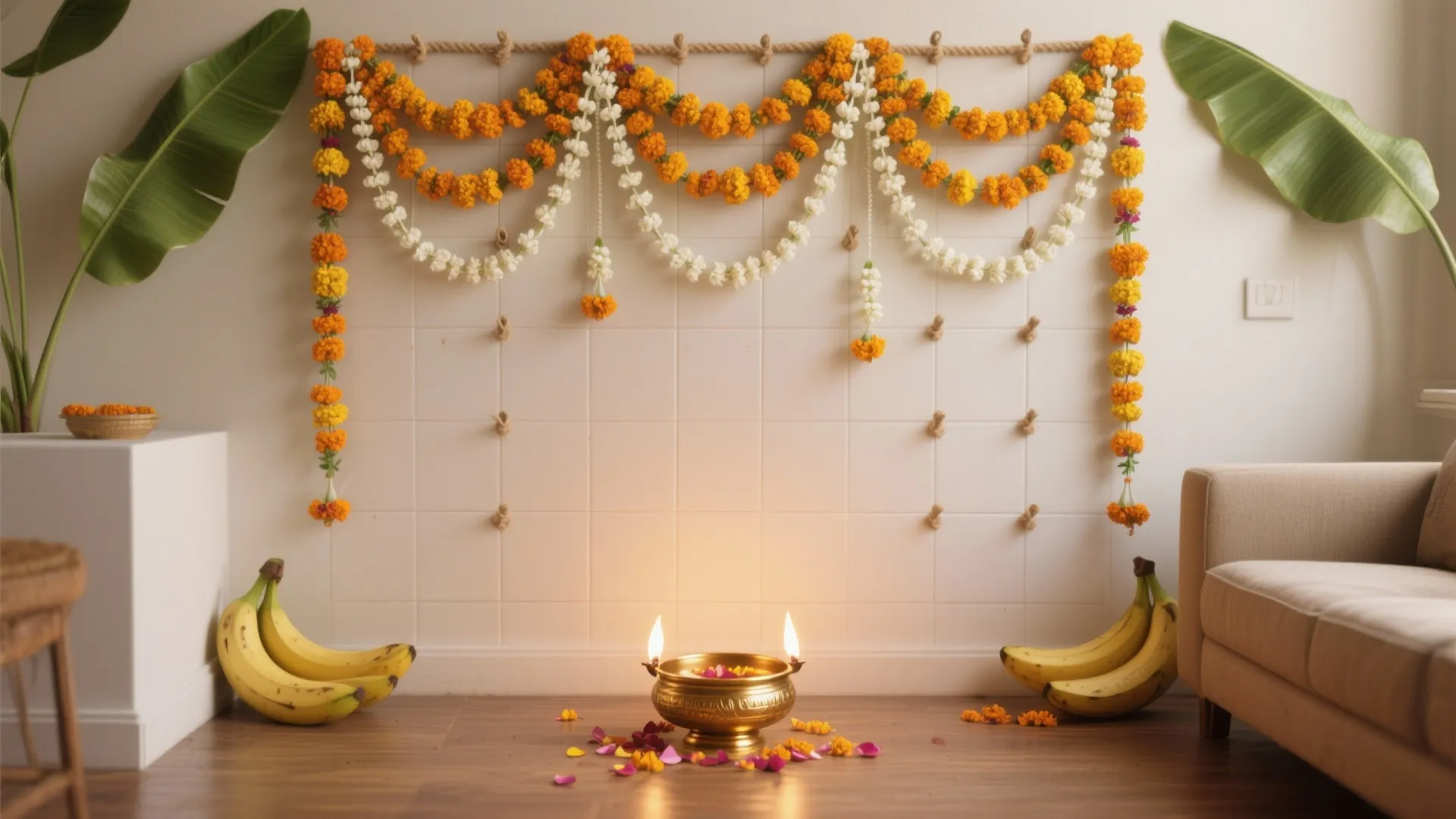 Minimalist marigold-and-mogra backdrop