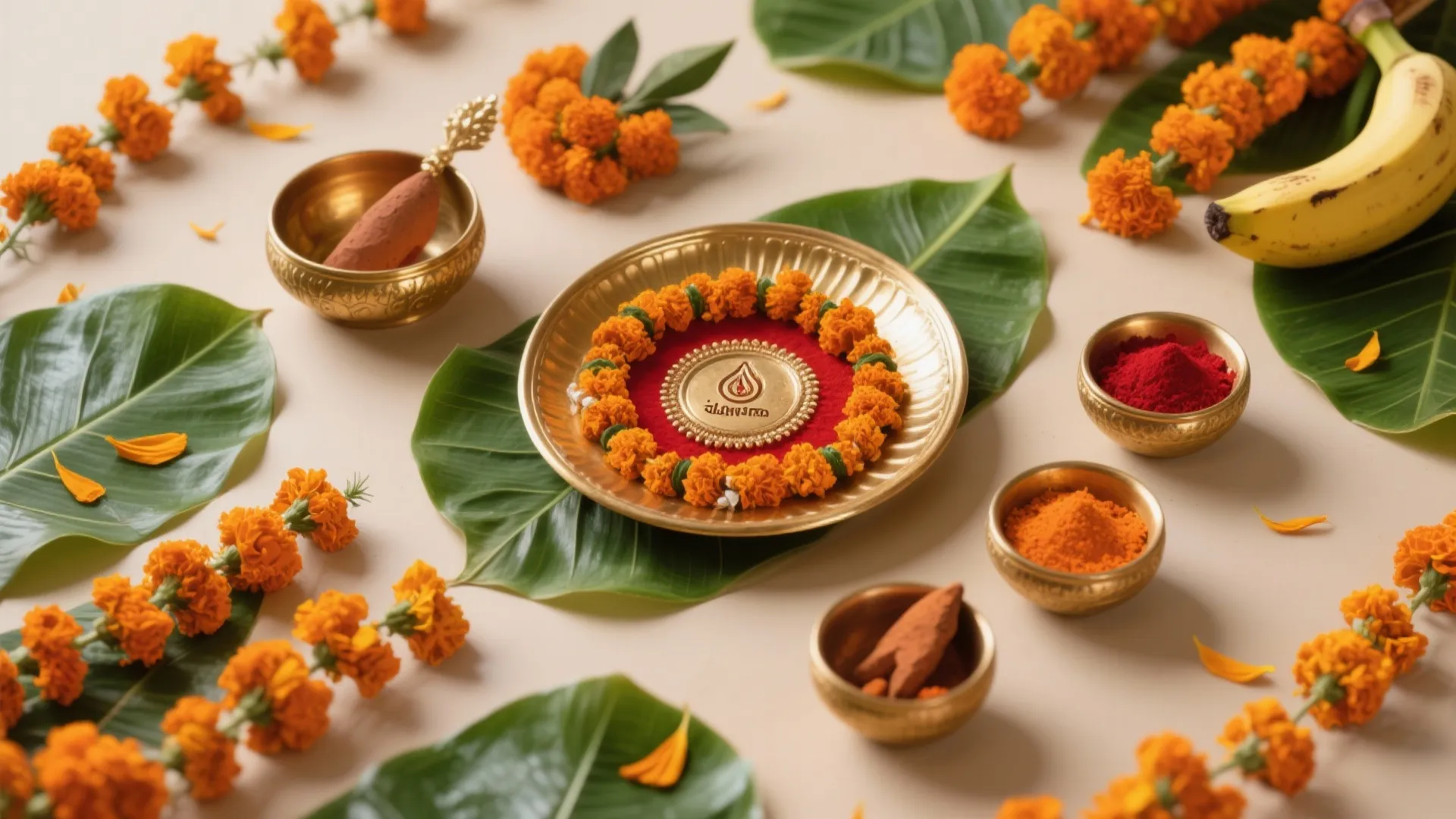 2) Marigold, brass, and banana leaf palette