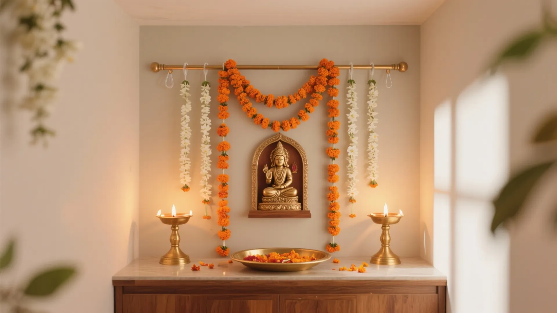 Minimal marigold strings with soft lighting