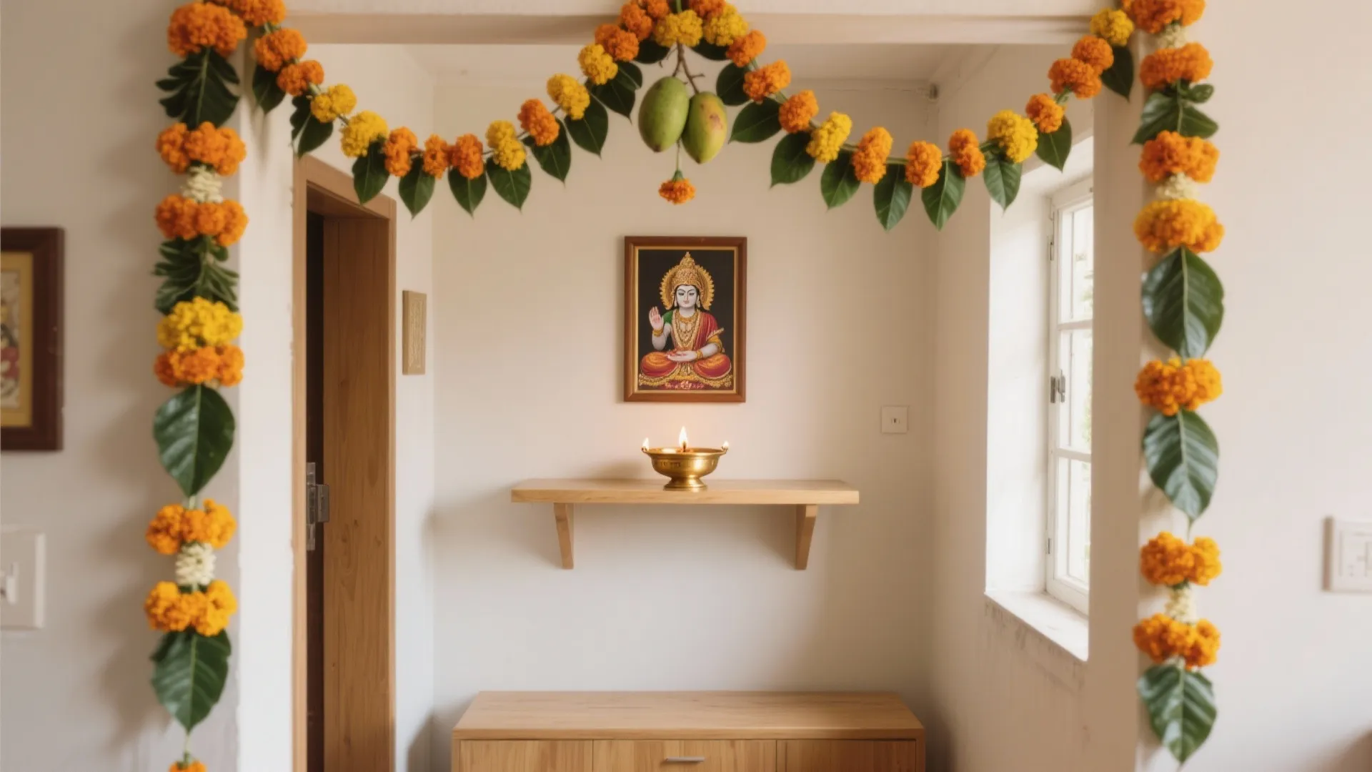 Marigold Torans and Garlands Framing the Shrine