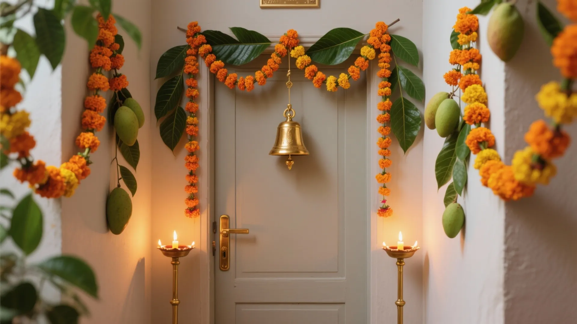 Main door decorated with orange flower garlands green leaves hanging brass bell and lit floor lamps