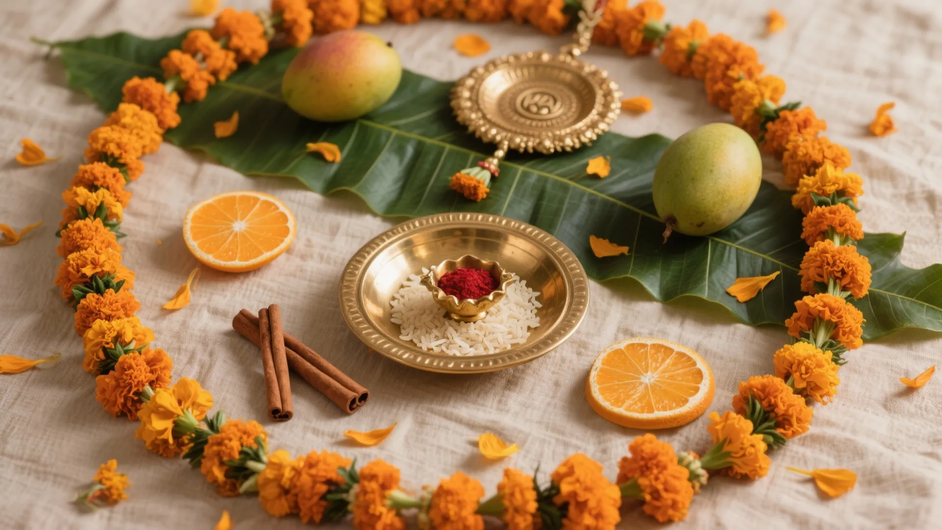 Marigolds, mango leaves, and nature’s palette