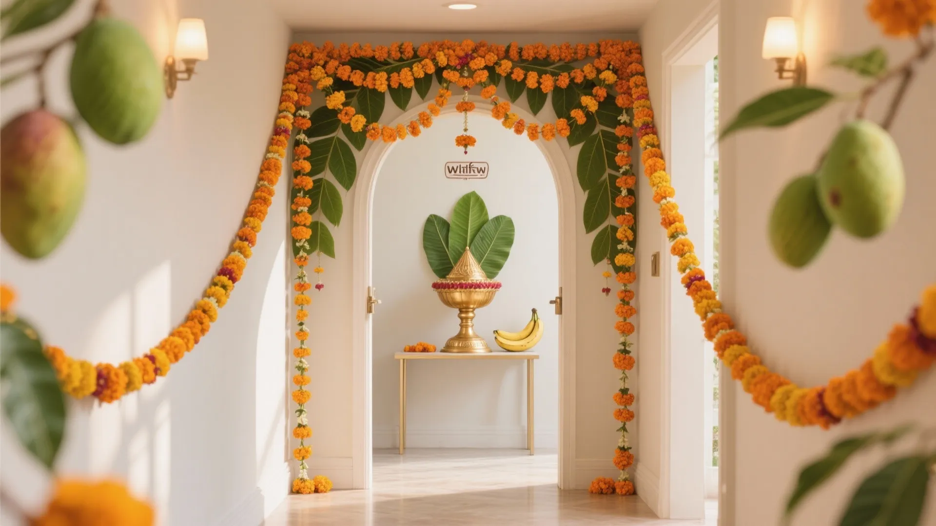 2) Marigold Torans + Mango Leaves: Fresh Fragrance, Instant Tradition