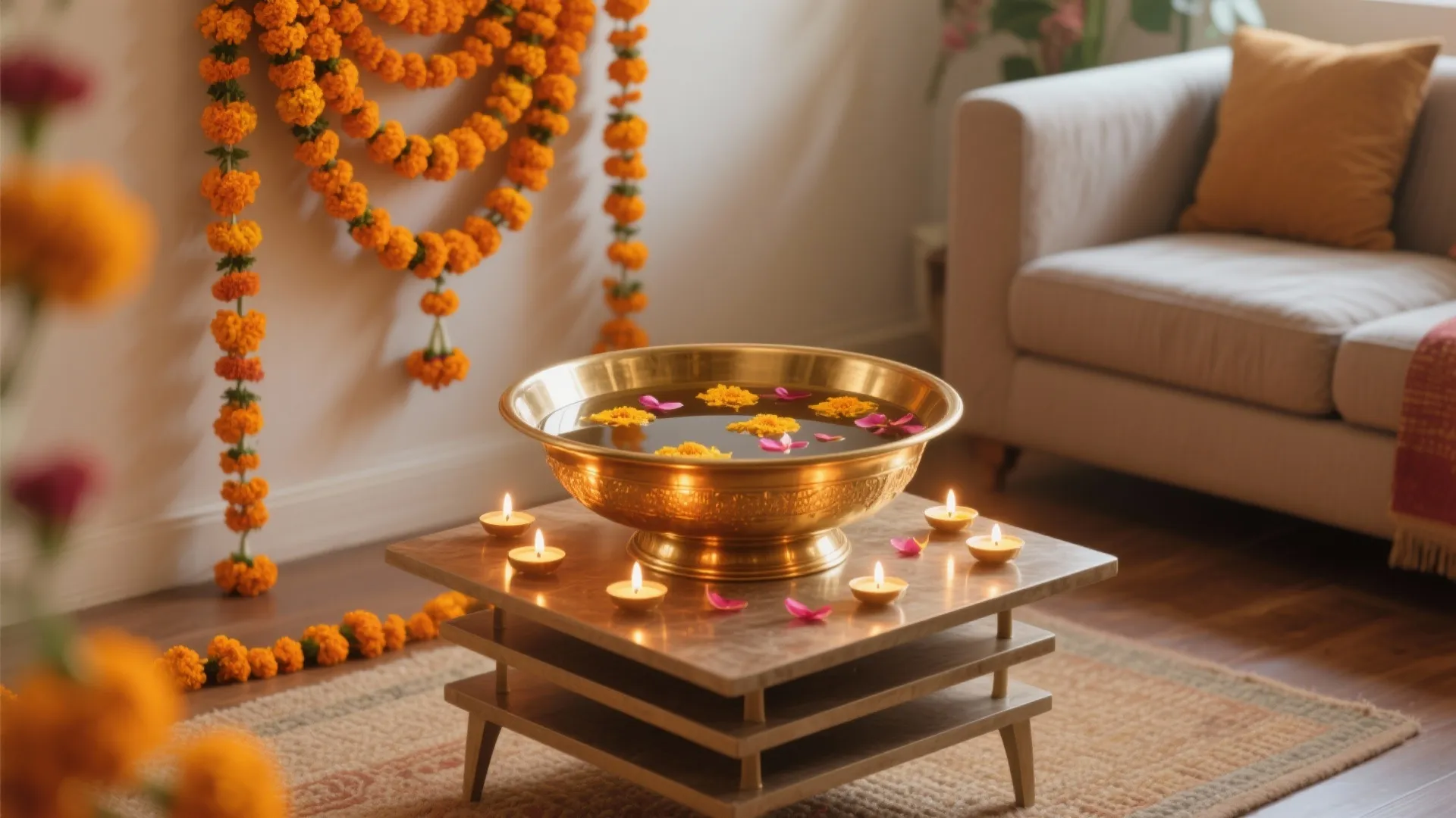 Marigold Garlands with Brass Urli