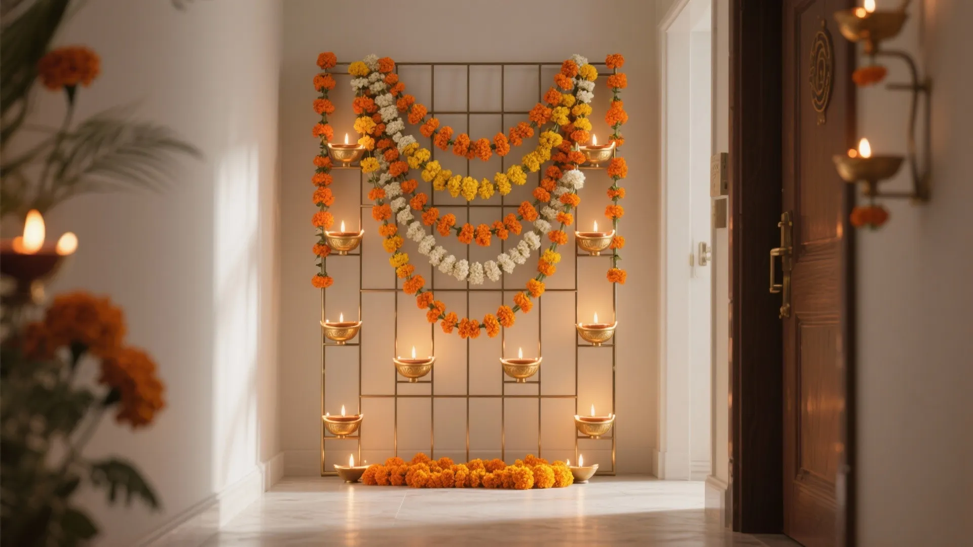 Marigold and Diya Welcome Wall