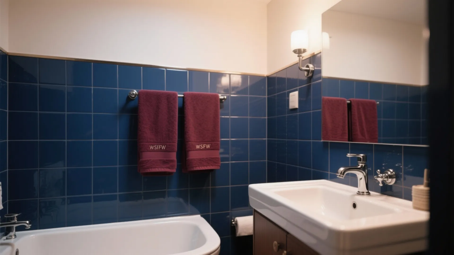 Blue tiled bathroom wall with burgundy towels white sink bathtub mirror and wall light fixture