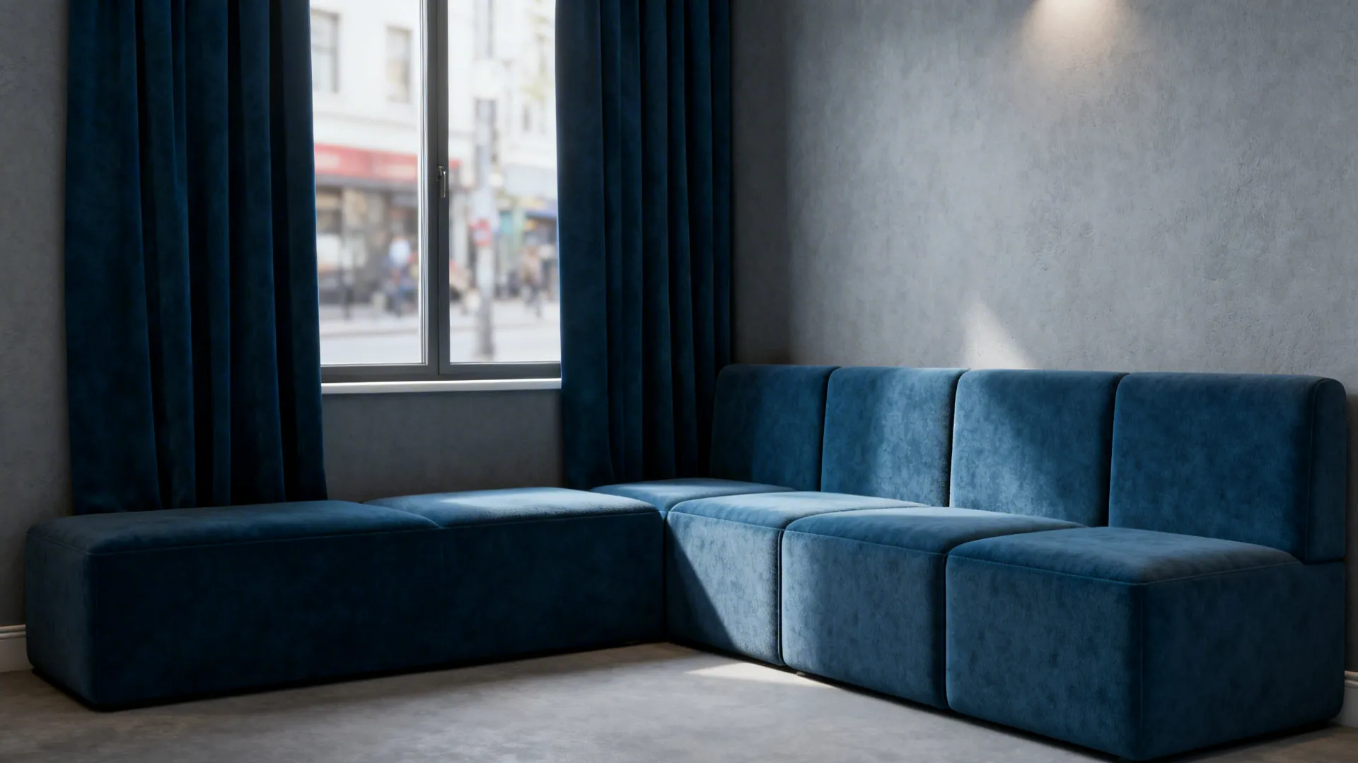 Compact living area with cool grey walls and mid-weight marine blue curtains that anchor the seating area.
