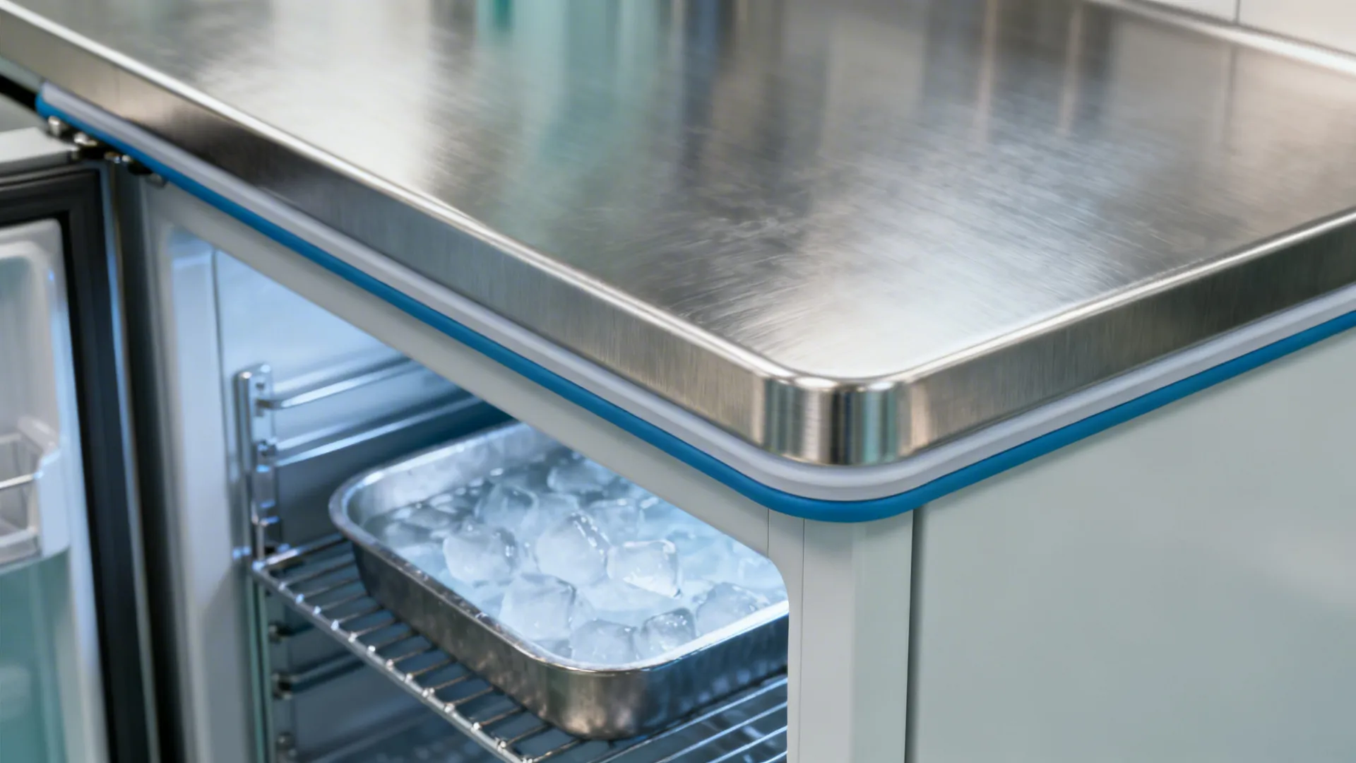 Close-up of marine-edge stainless worktop on an undercounter refrigerator in a hospital kitchen.