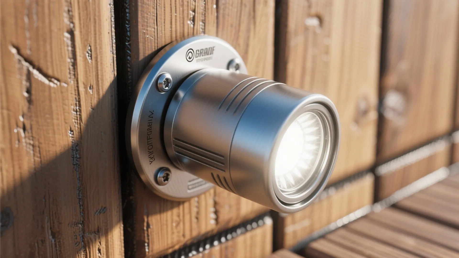 Close up of a silver metal wall light fixture mounted on a brown wooden fence
