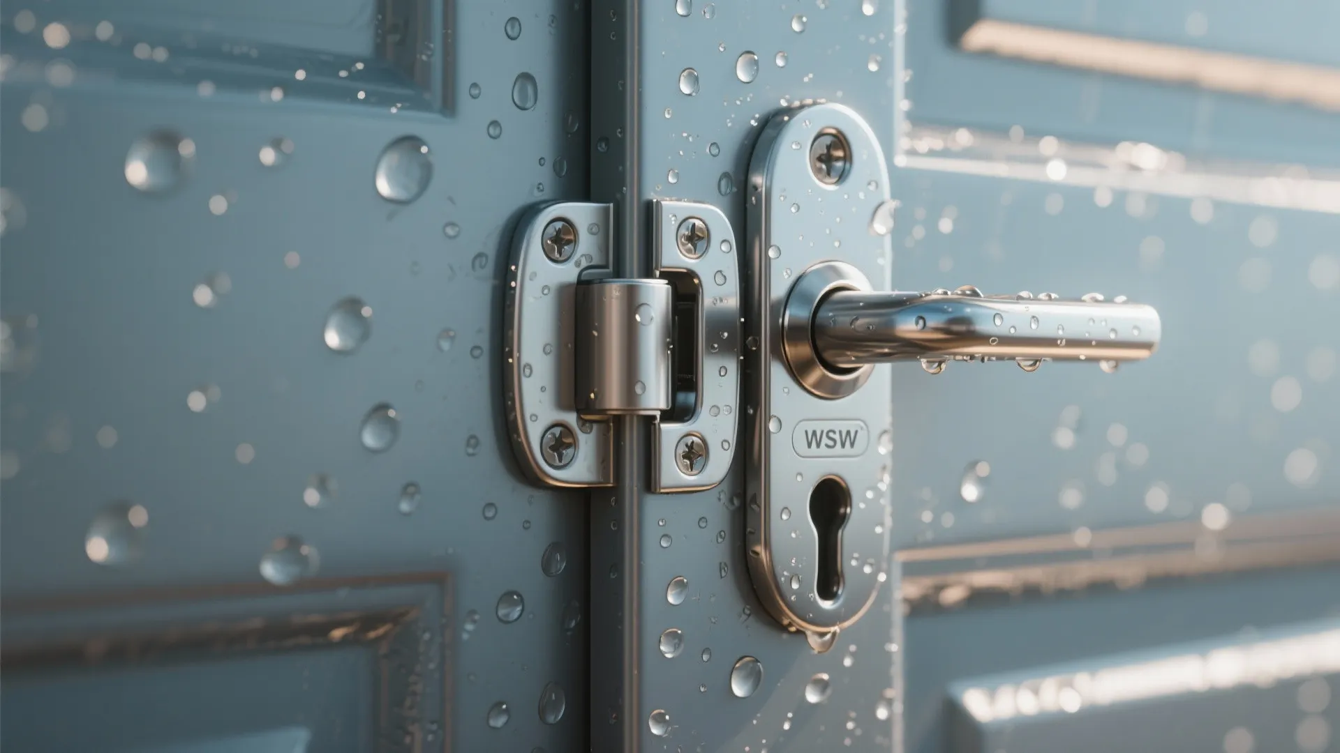 Close-up of marine-grade 316 stainless hardware showing hinge and recessed pull with water droplets