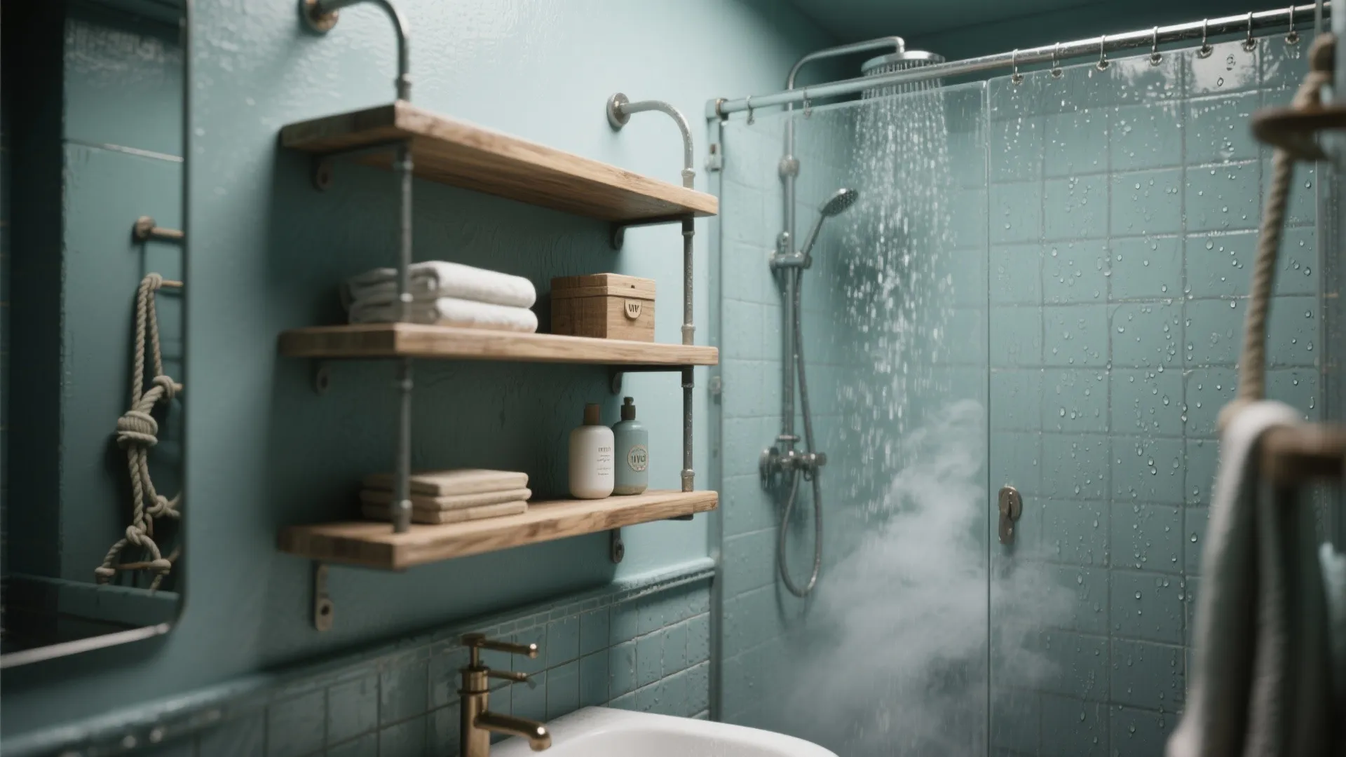 Blue bathroom interior design with wooden wall shelves next to a glass shower and sink