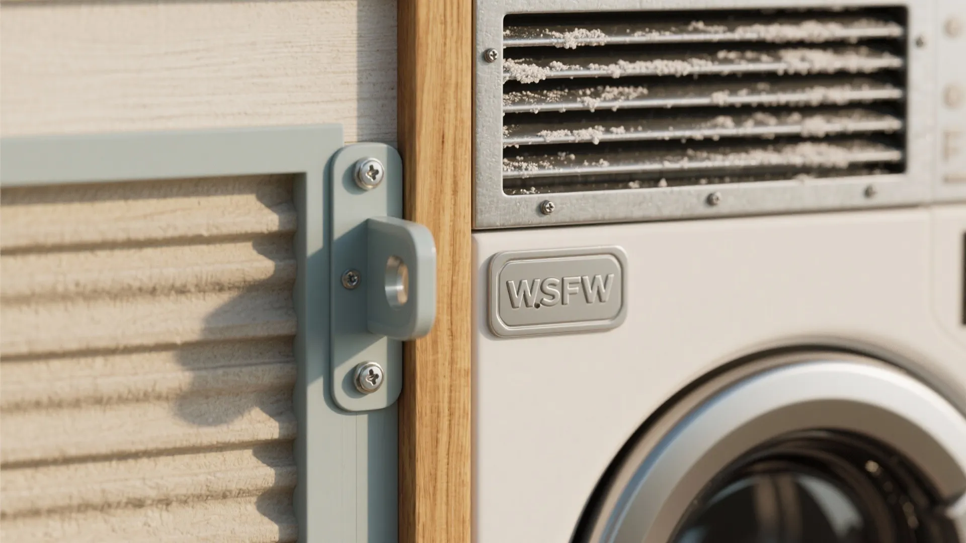 Close up washing machine showing metal latch wooden trim air vent and silver round door