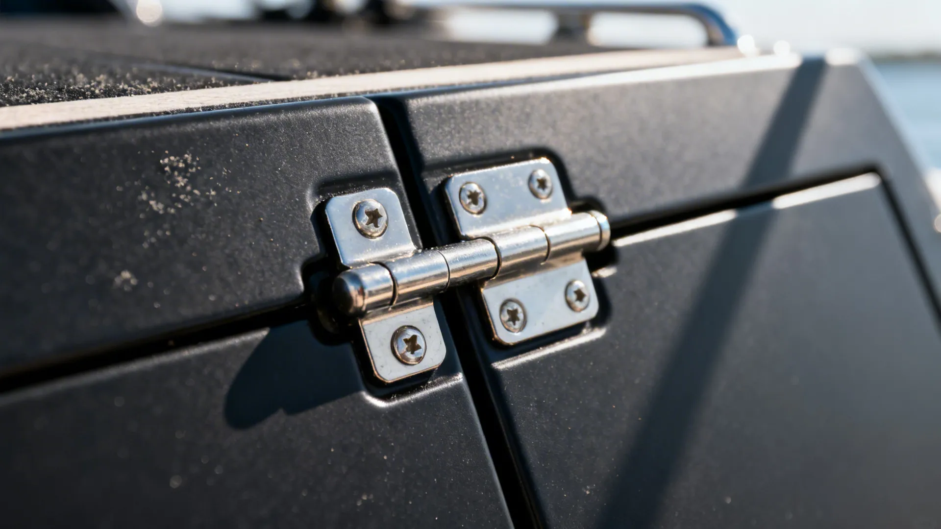 Macro of stainless hinge and screws on a matte black outdoor cabinet door