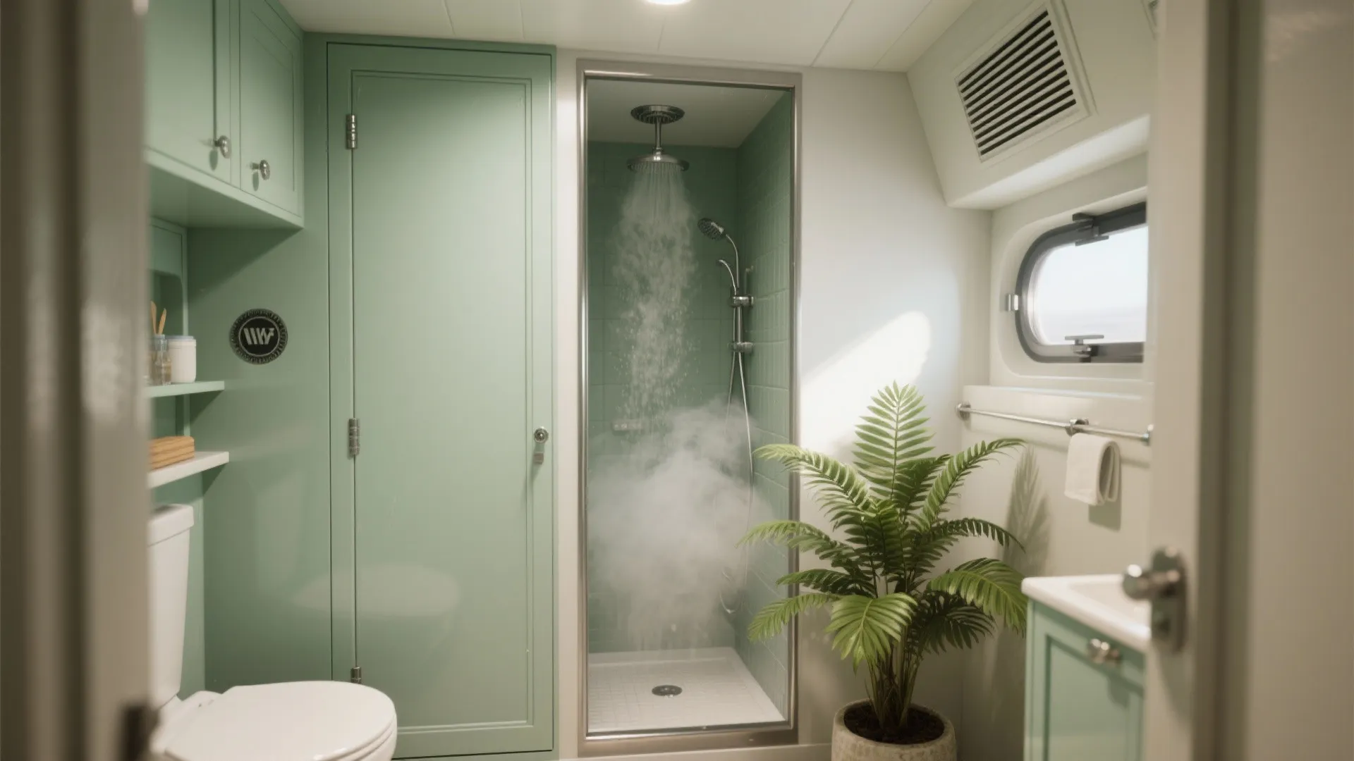 Small high-humidity bathroom with cabinets painted in mildew-resistant marine-grade paint