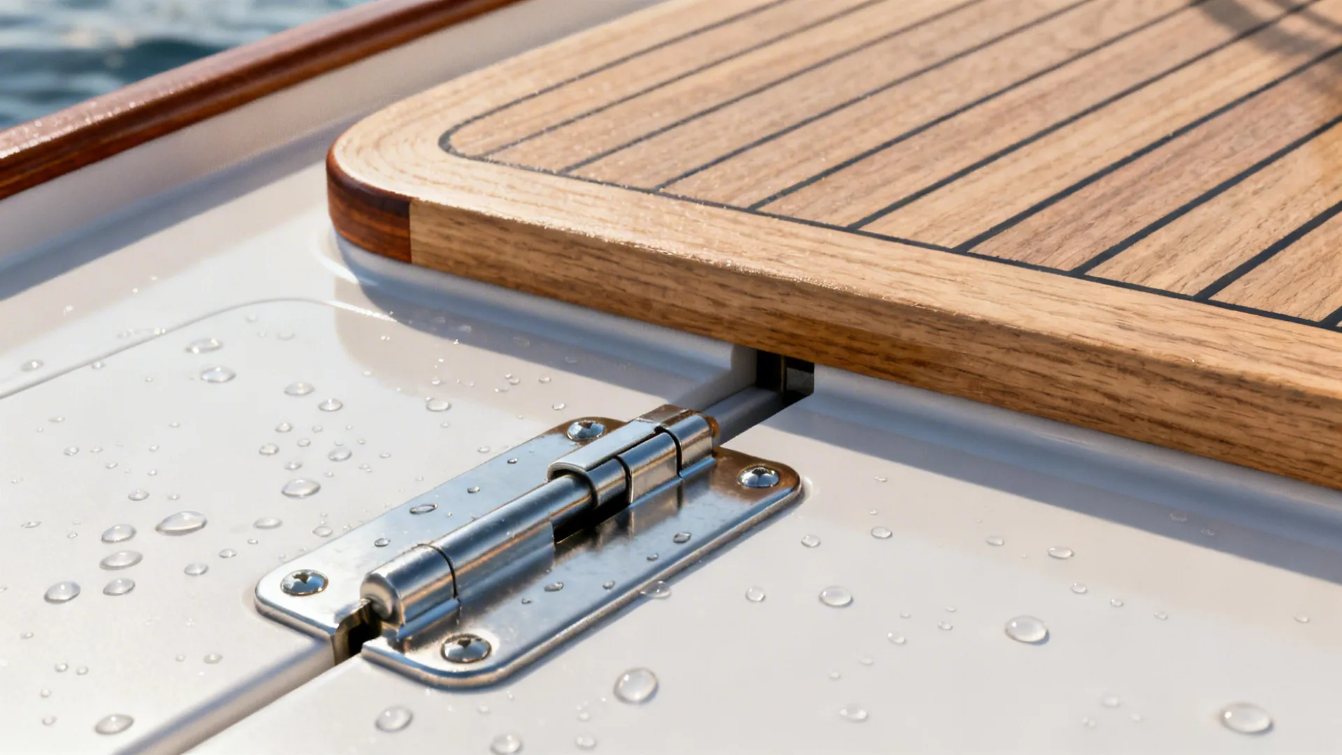Macro of marine plywood edge banding and stainless hinge on matte laminate door.