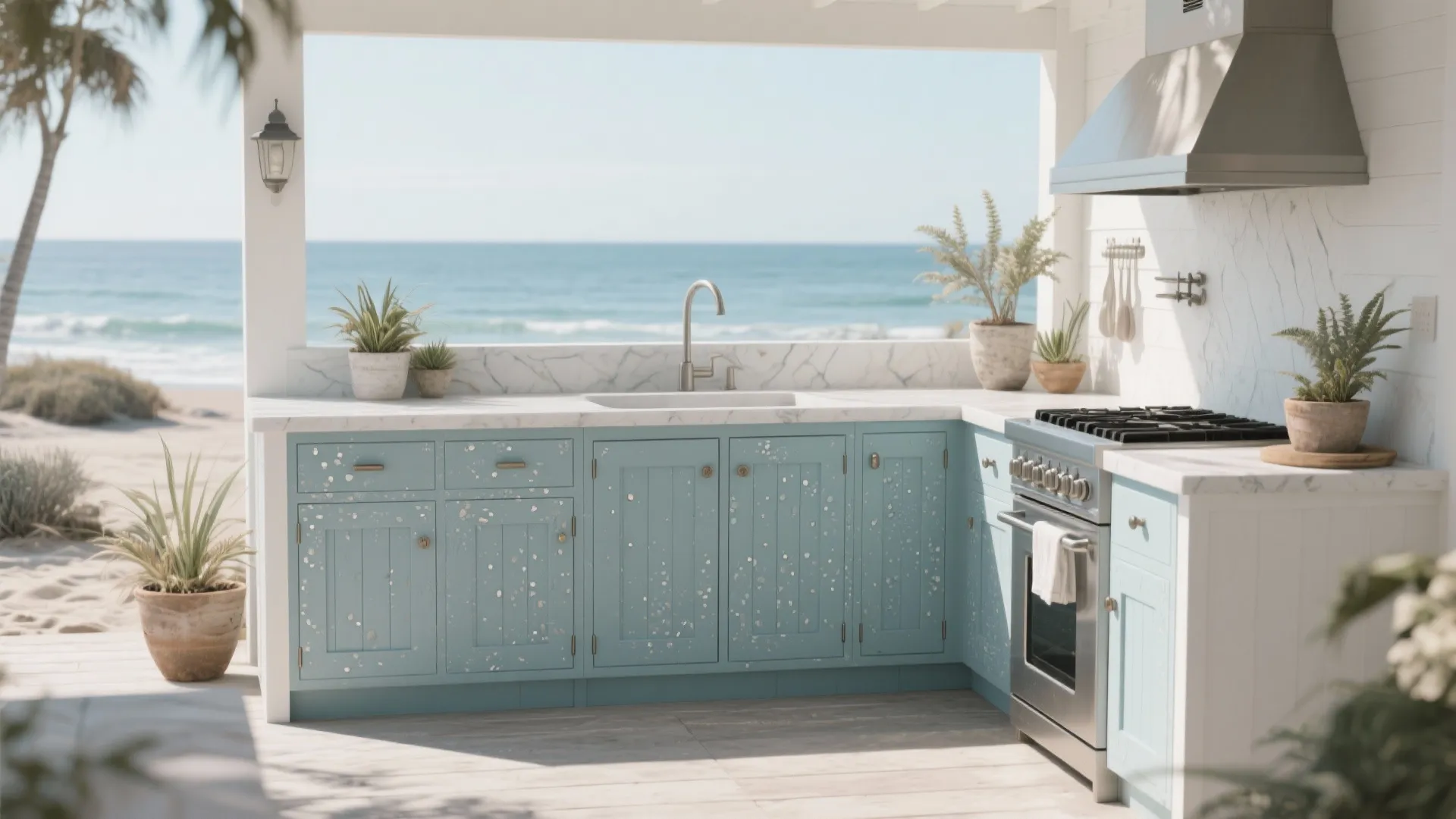 Coastal outdoor kitchen with marine-grade polymer cabinet doors in coastal blue and white