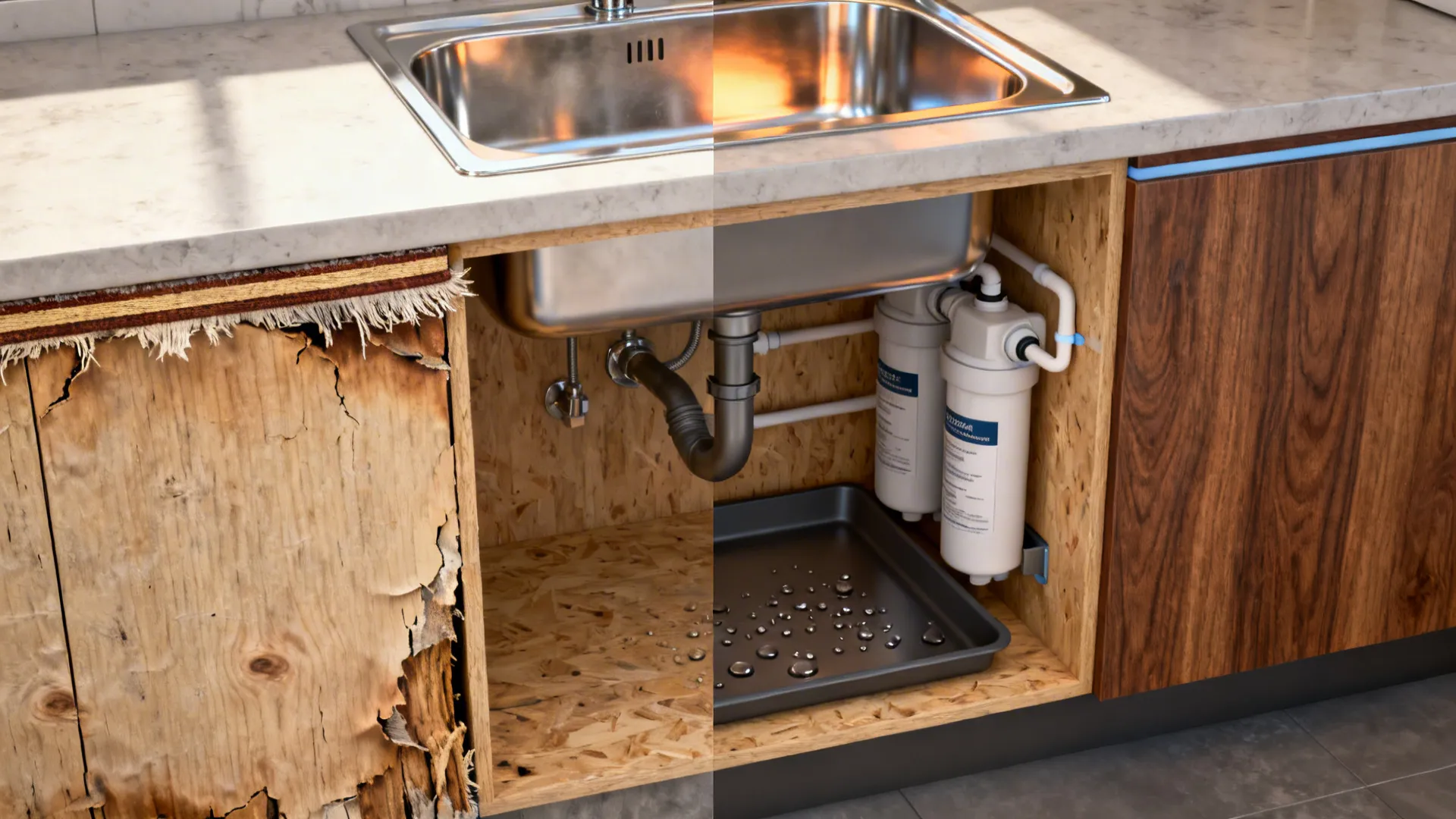 Before and after comparison of damaged kitchen sink cabinet and new water filter system tray