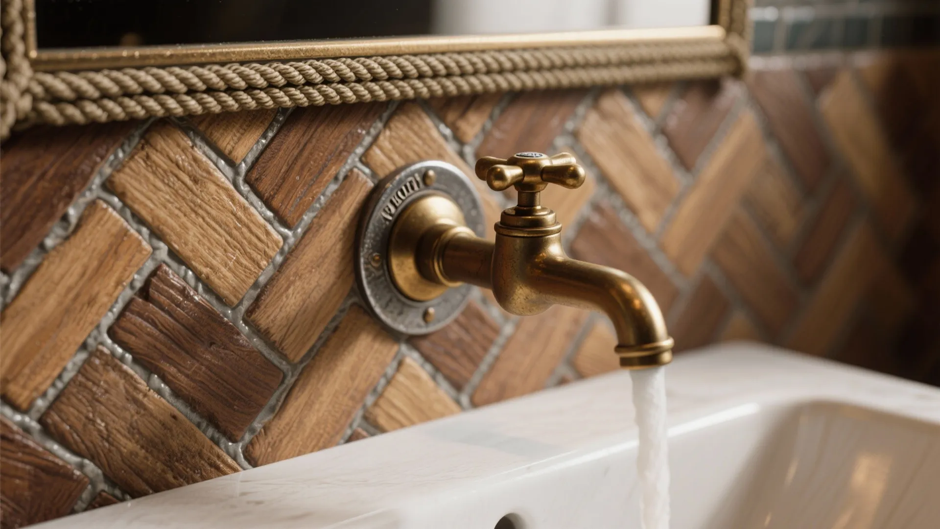 Close up of brass water tap with running water against brown wood wall panel background