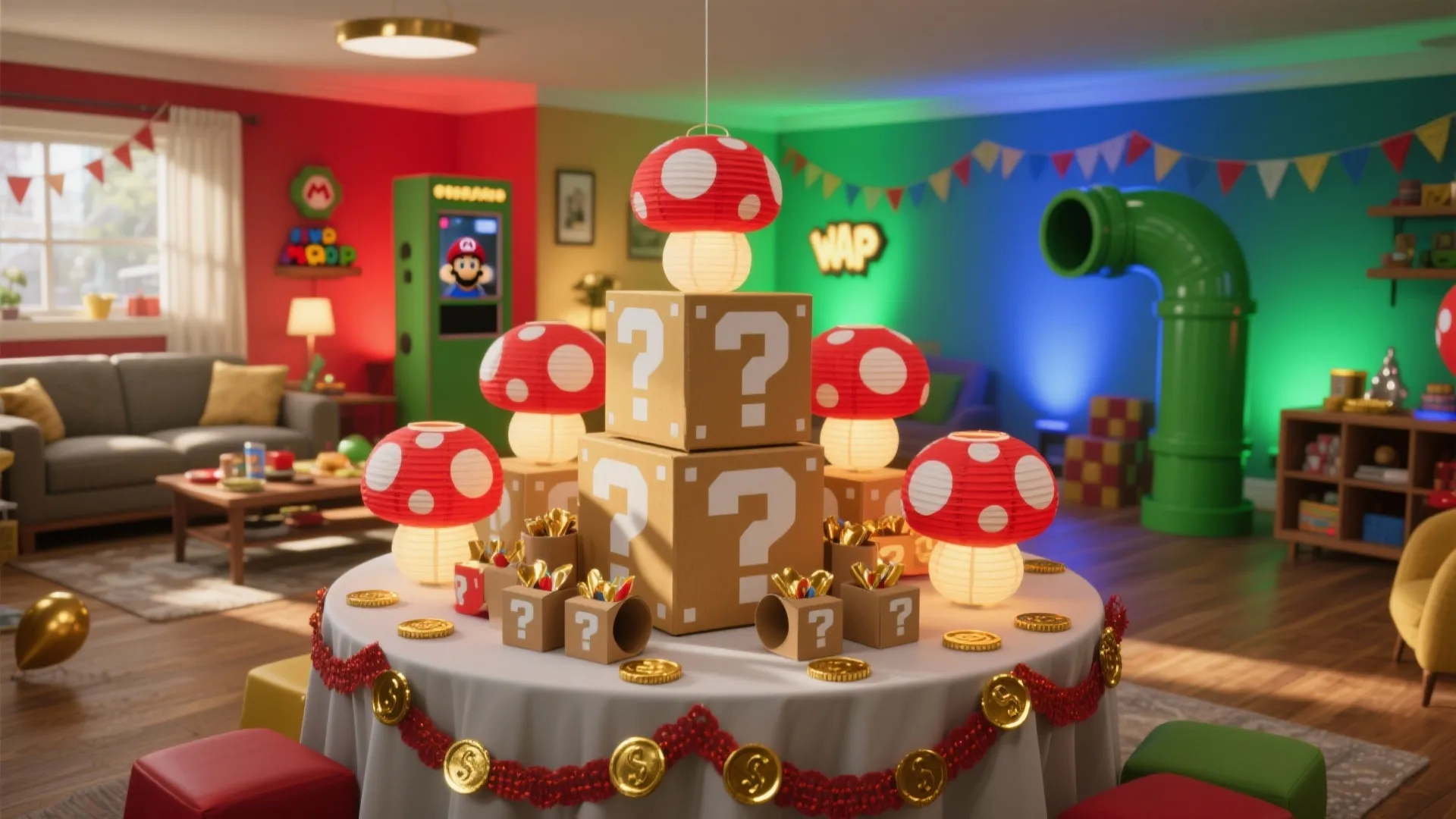 Mario themed party room with mushroom lanterns question mark boxes green pipe sofa and gold coins
