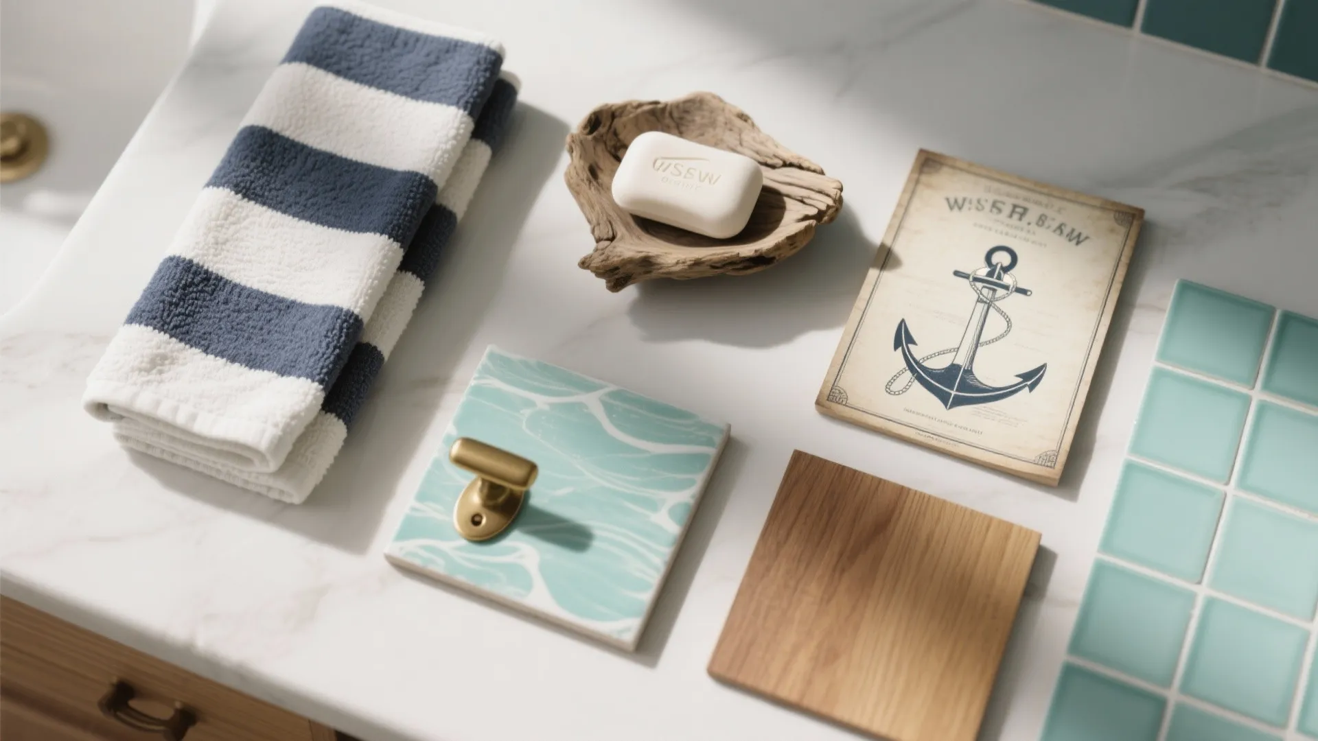 Selection of bathroom materials including striped towel soap anchor card tiles and light wood samples