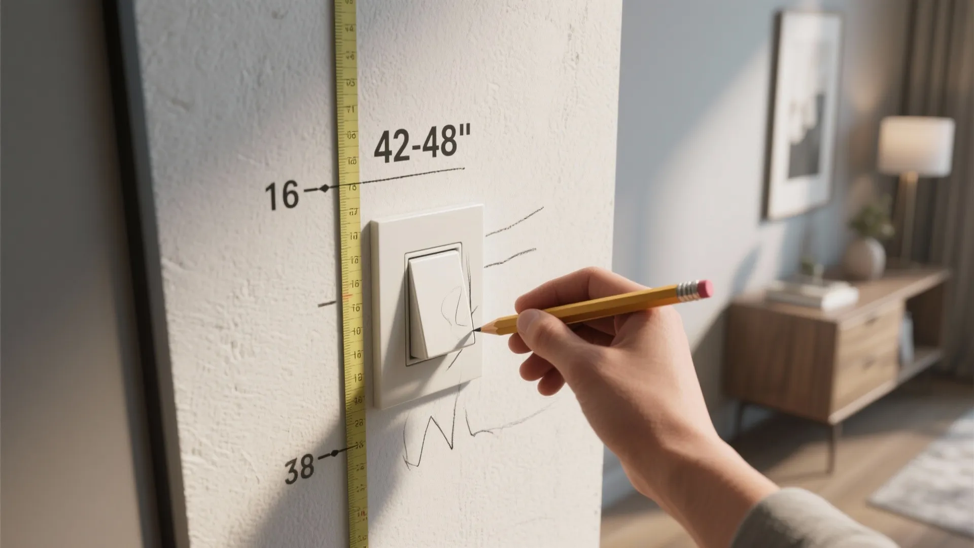 Person using yellow pencil to mark wall light switch height using measuring tape on white wall