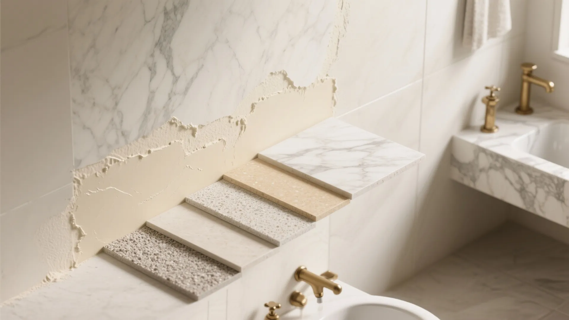 Modern bathroom showing stone samples next to white sink with gold faucets and marble wall
