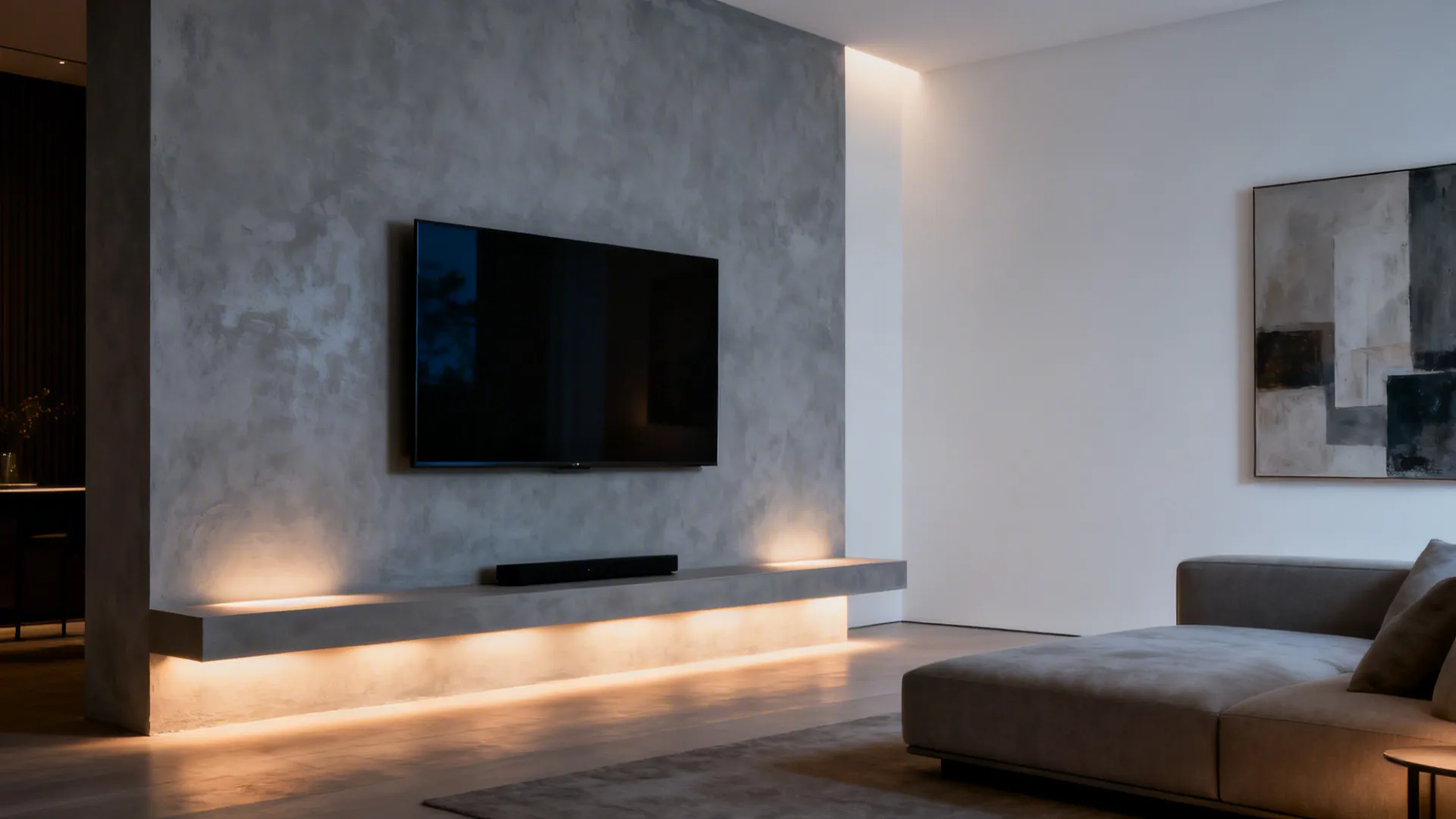 Small living room with light gray Venetian plaster feature wall and warm LEDs.