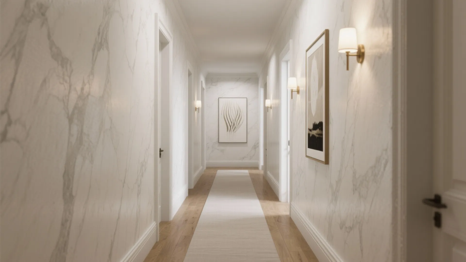 Bright white hallway with marble effect walls wooden floor white rug and gold wall lights