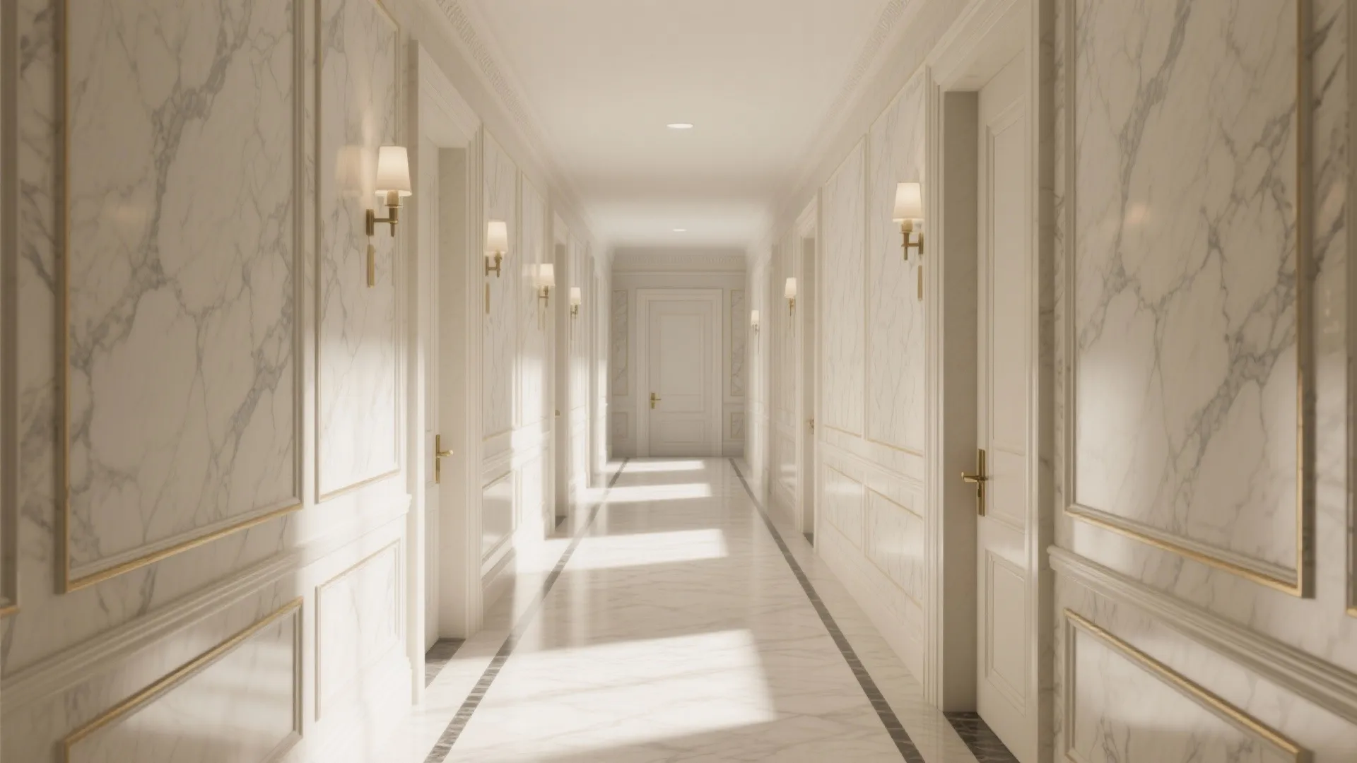 Hallway with faux marmorino marble-effect panels and crisp taped borders in soft neutrals.