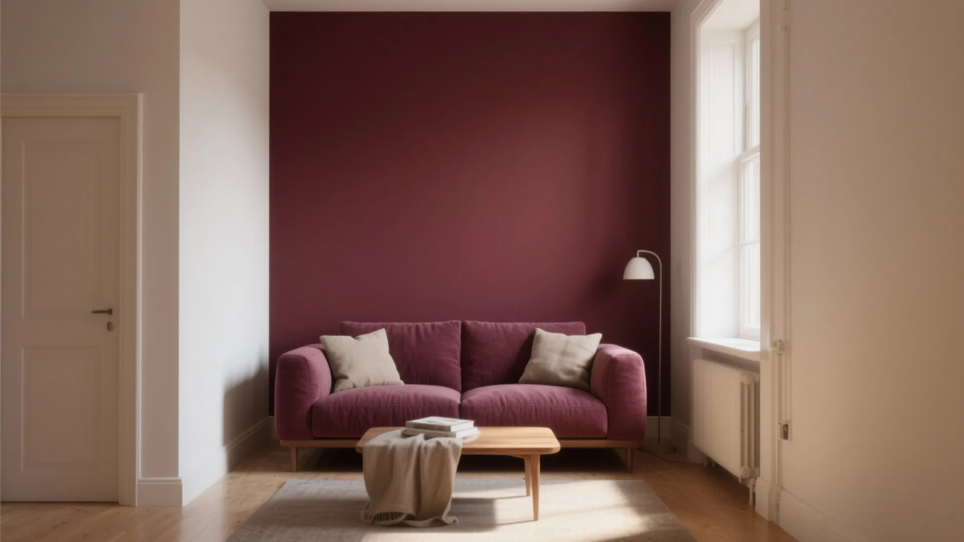 Minimalist living room with maroon accent wall purple sofa wood coffee table and white floor lamp