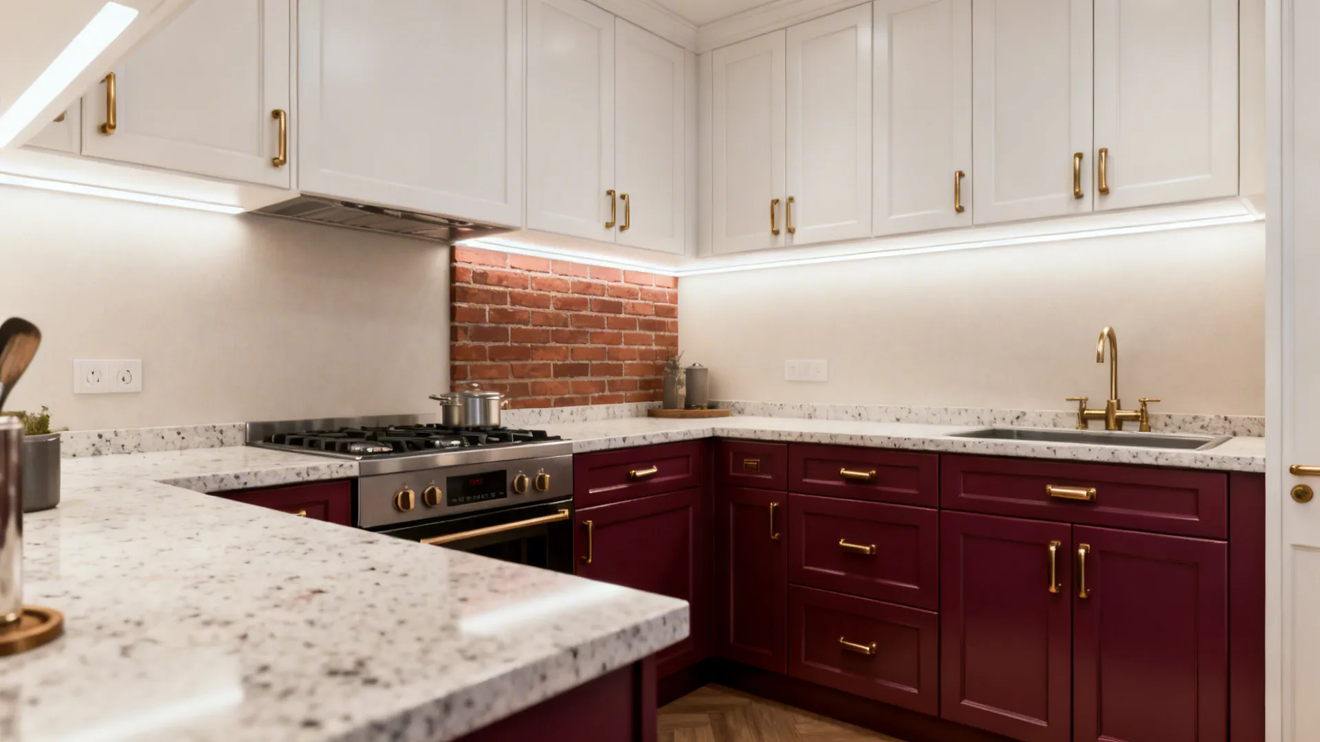 Small kitchen with deep maroon accent cabinets and brass hardware balanced by warm whites.