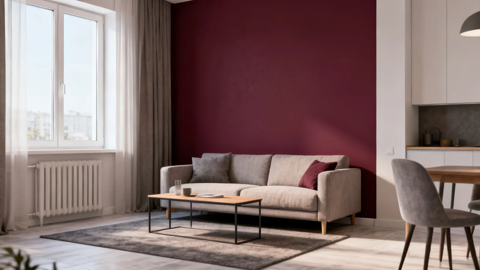 Maroon accent wall behind sofa in a small apartment layout