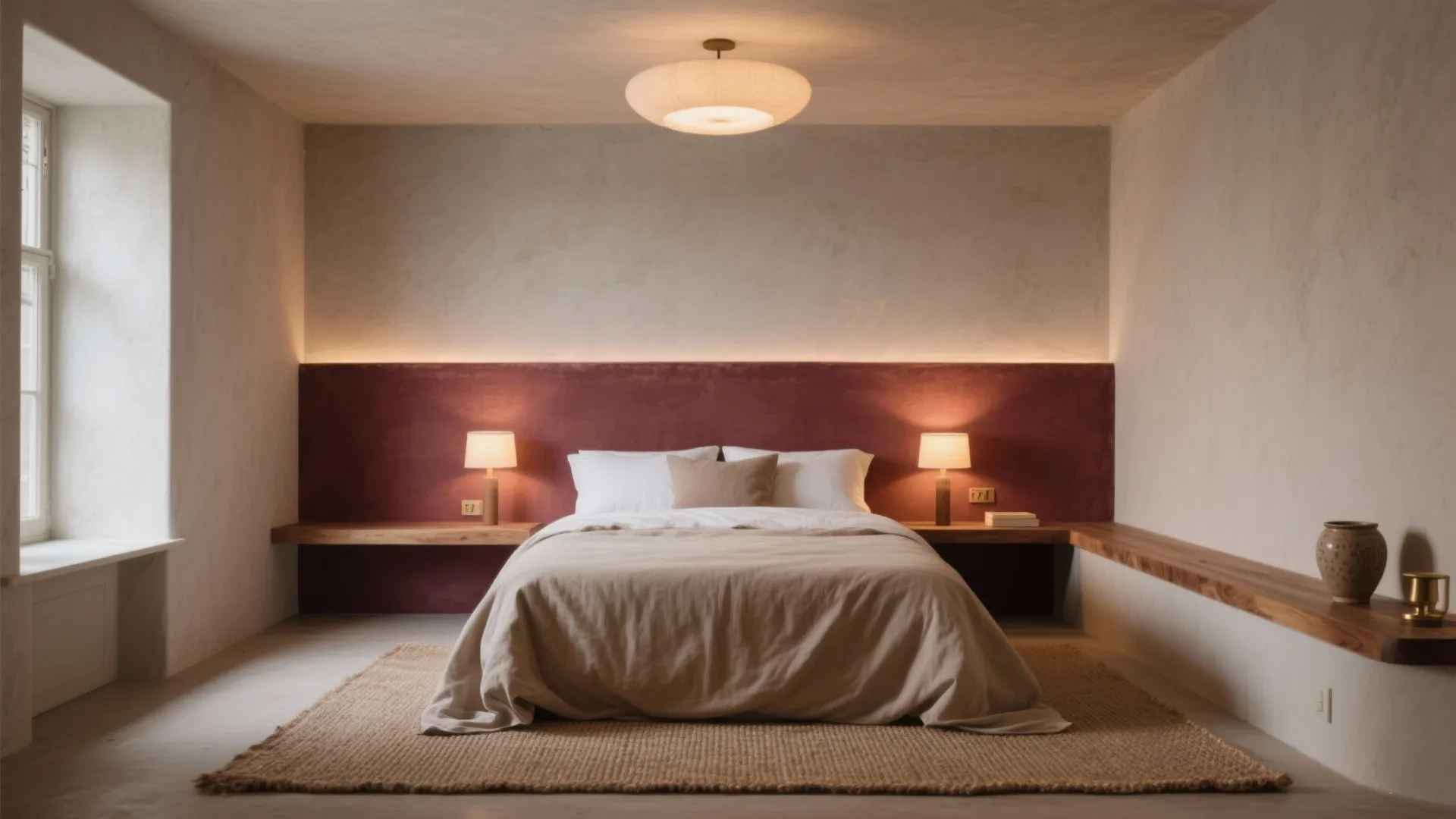 Minimalist bedroom with maroon wall panel, beige bed, two table lights, and round ceiling light