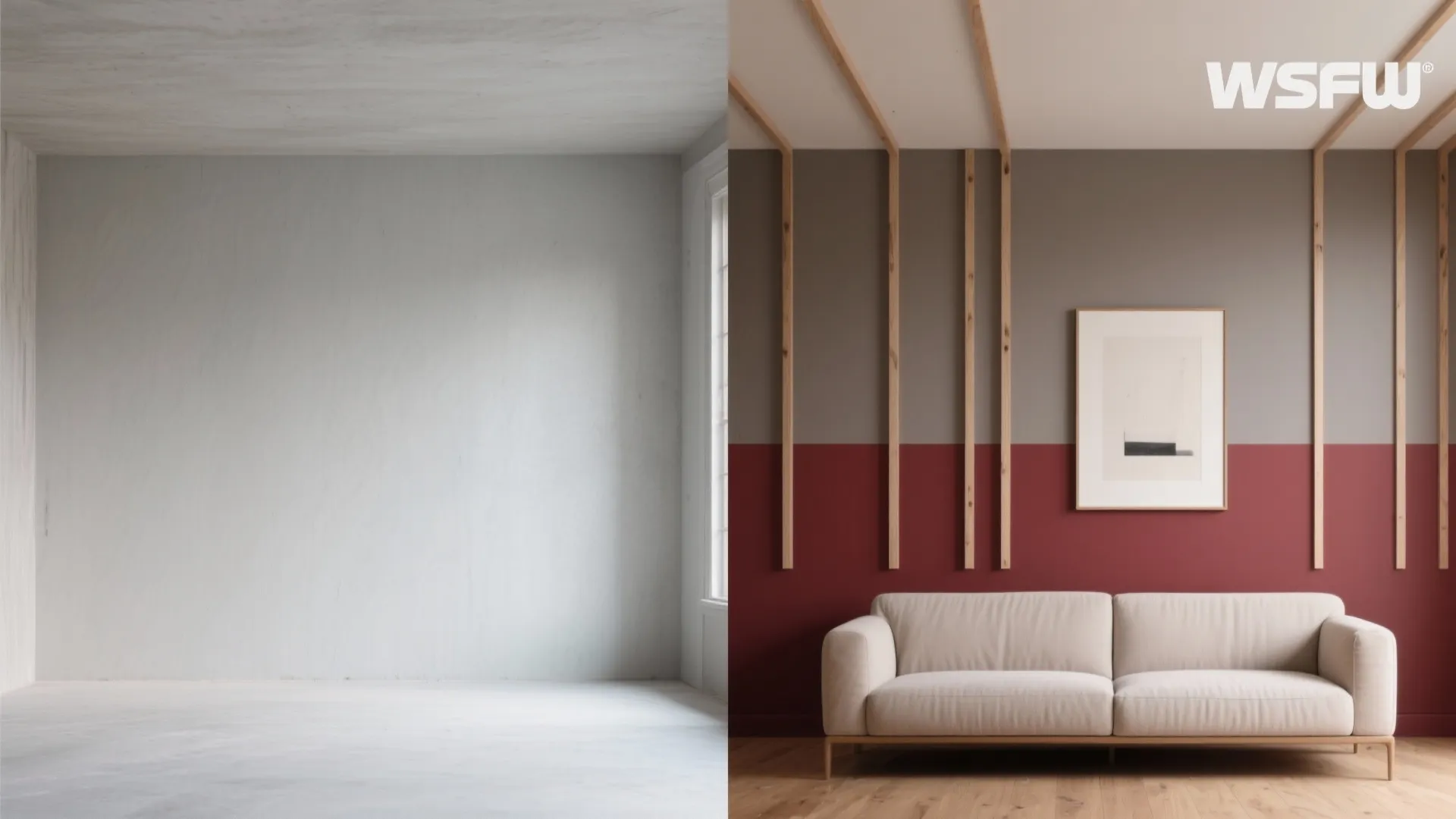Before and after comparison showing empty grey room and decorated living room with maroon wall panels