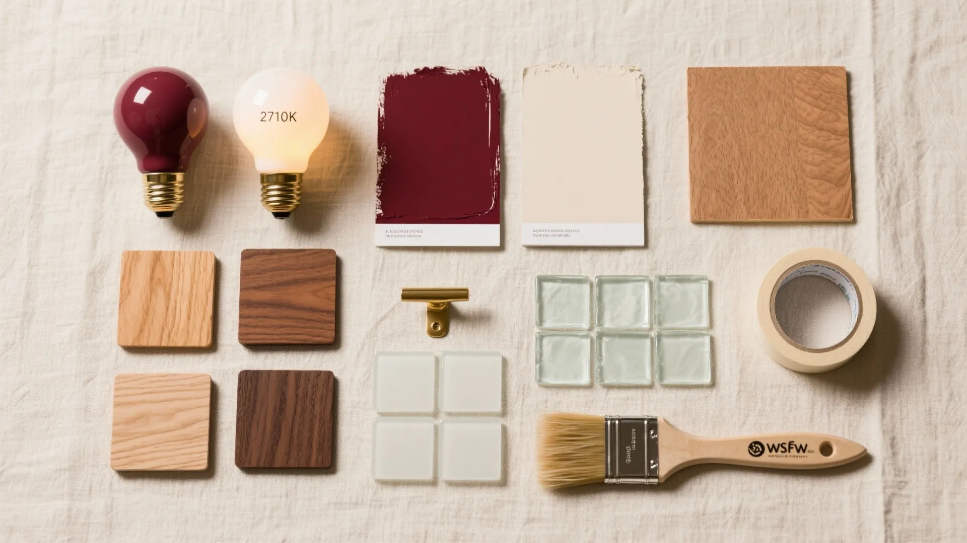 Interior design mood board with light bulbs paint swatches wood samples tiles and paint brush