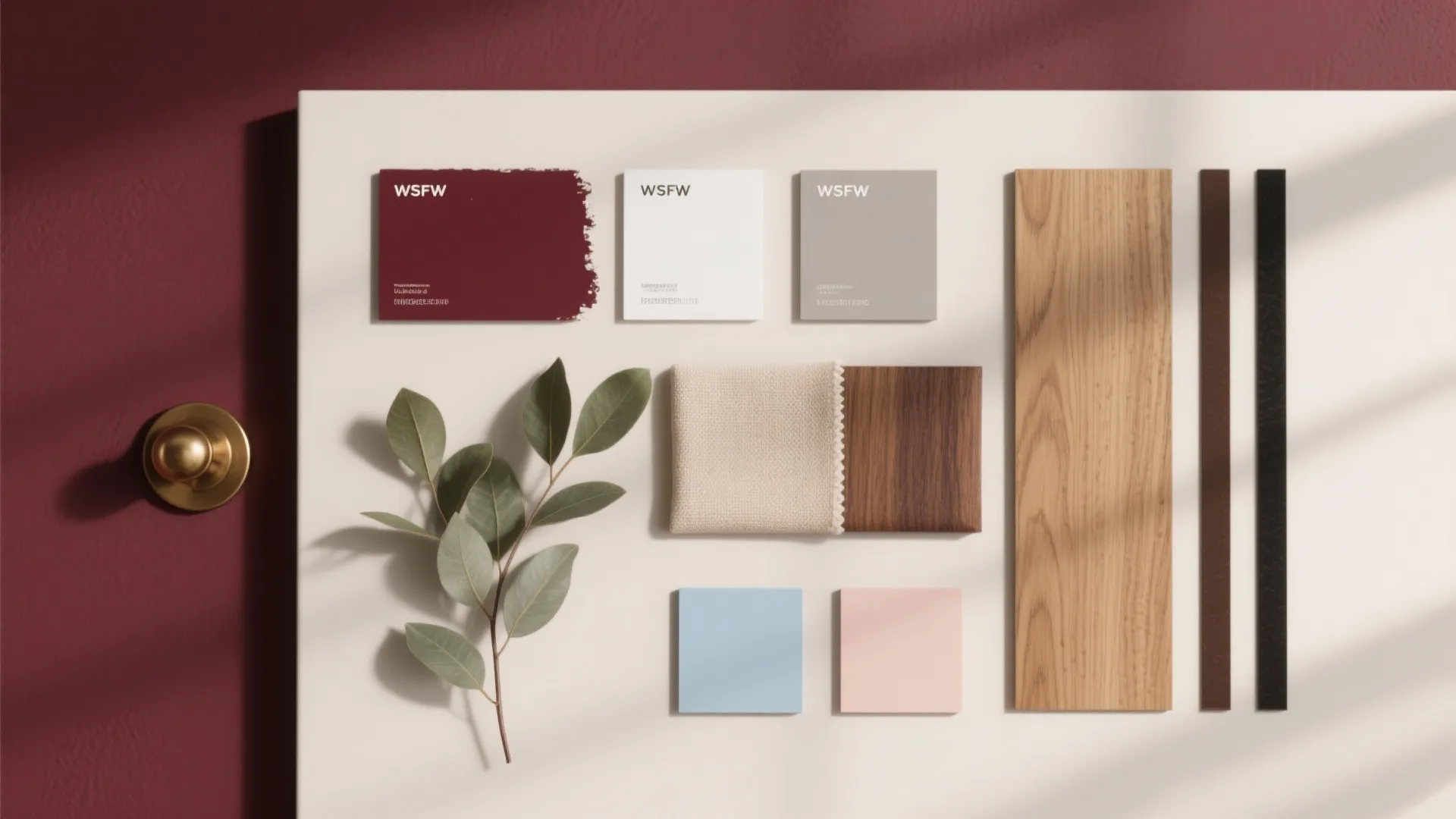 Interior design mood board with maroon color samples fabric wood pieces and a green leaf branch