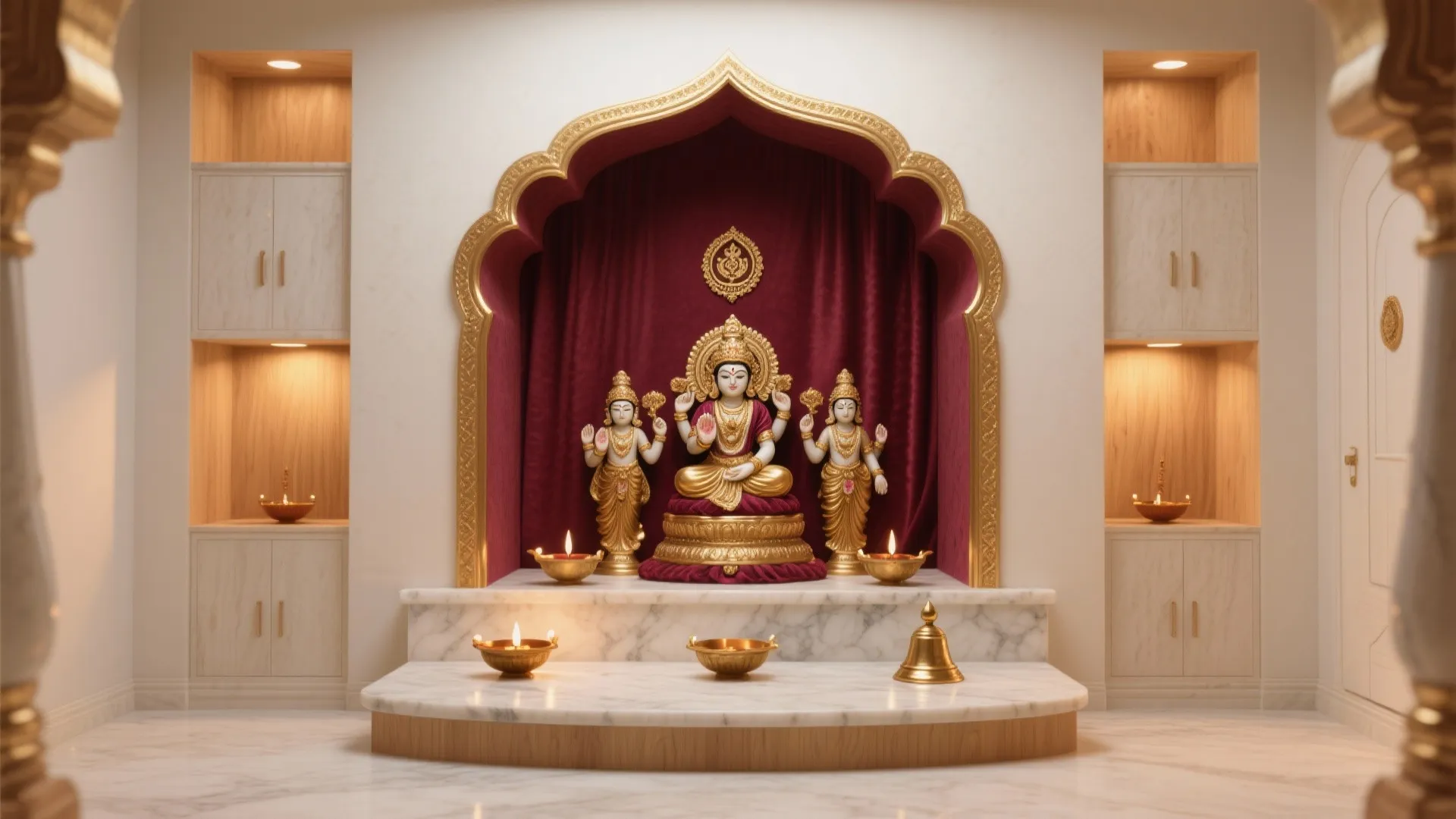 Marble room with gold statues against red curtain under arch with wooden cabinets and lights