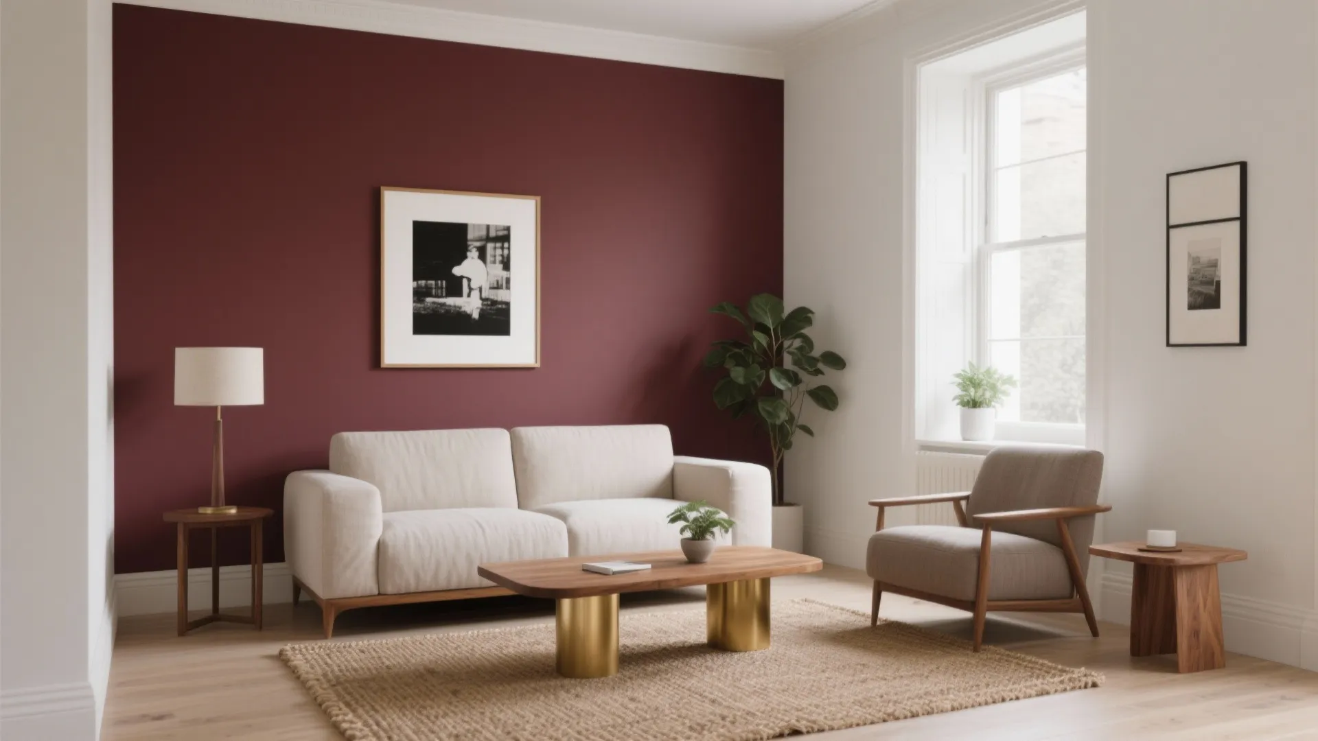 Modern living room with maroon wall white sofa wooden coffee table gold legs and beige rug