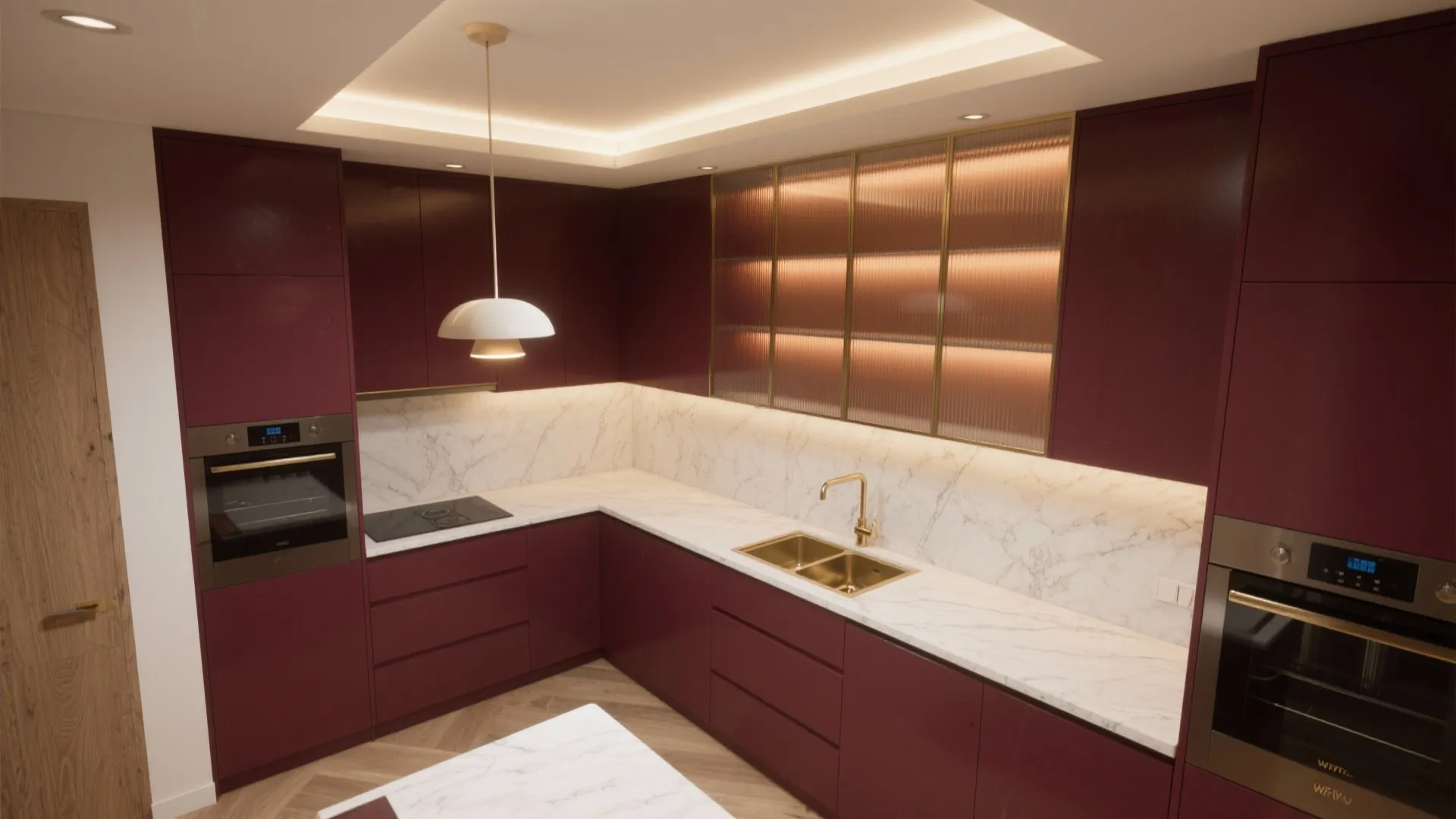 Maroon kitchen: L-shaped layout and layered lighting
