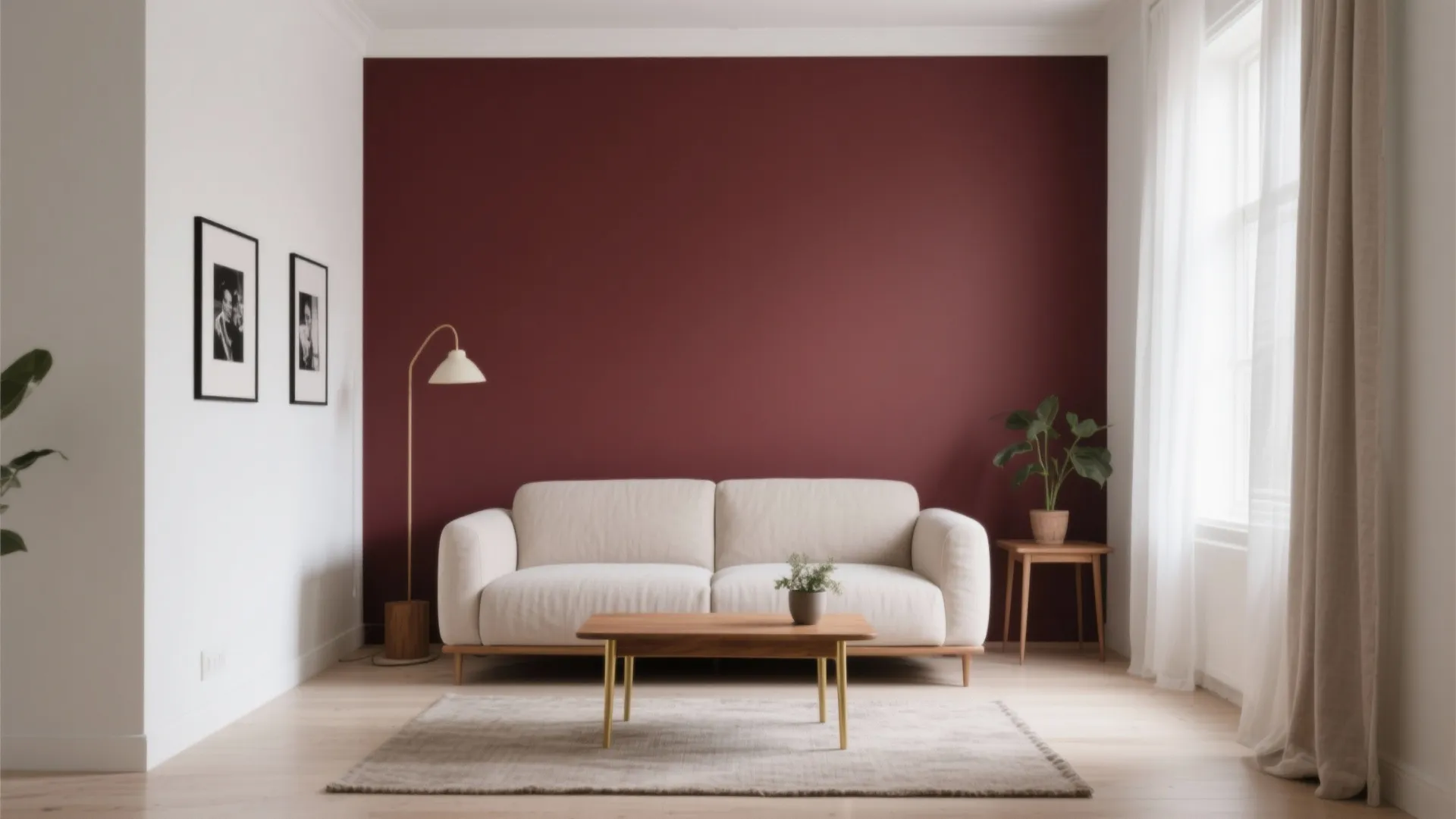 Minimalist Maroon Accent Wall in a Small Living Room