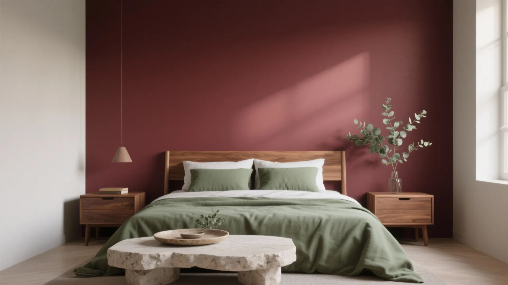 Modern bedroom with maroon wall, green bedding, wooden bed frame, two nightstands, and natural light
