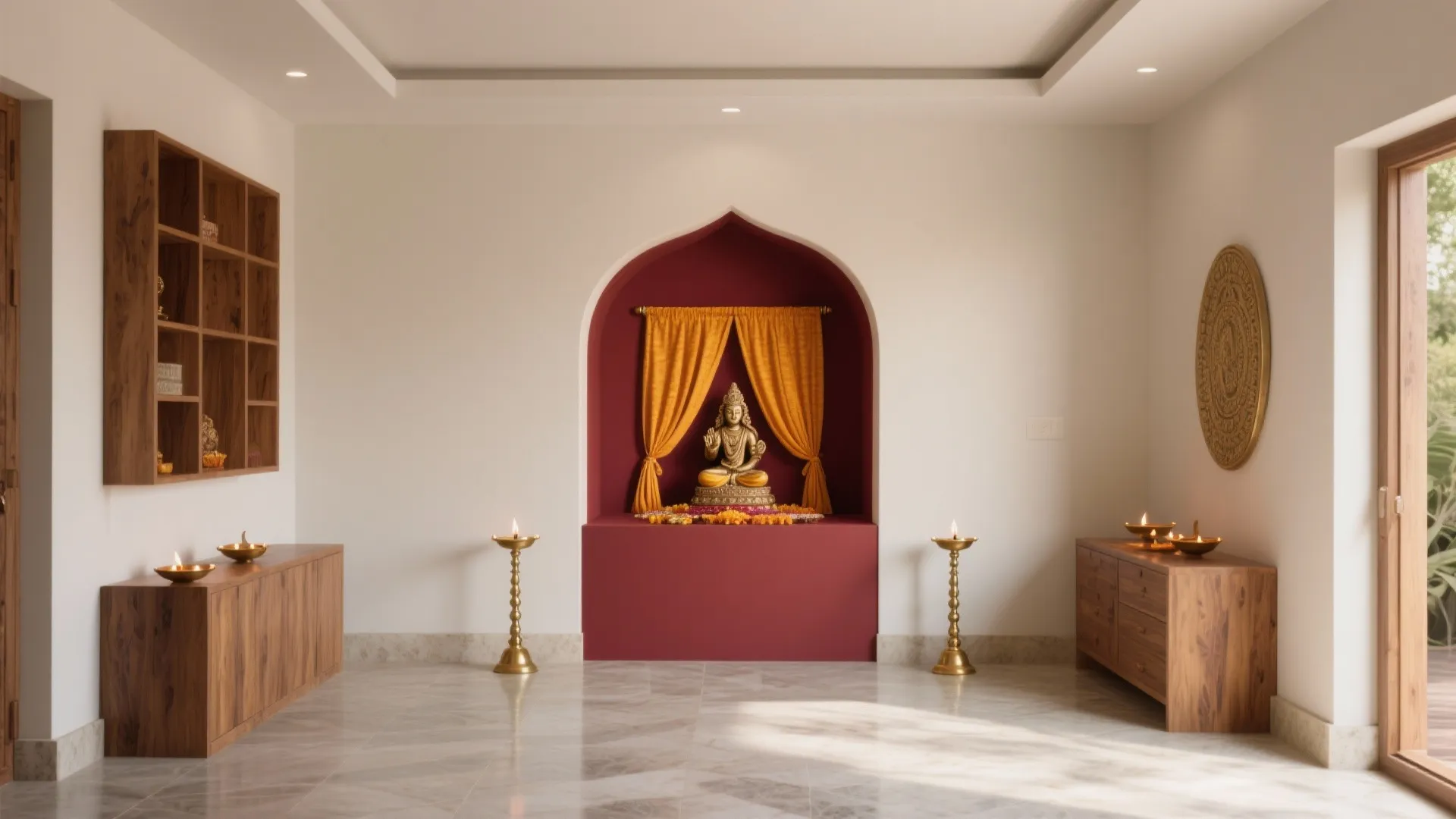 Modern prayer room with maroon arched wall niche yellow curtains golden statue and wooden storage cabinets